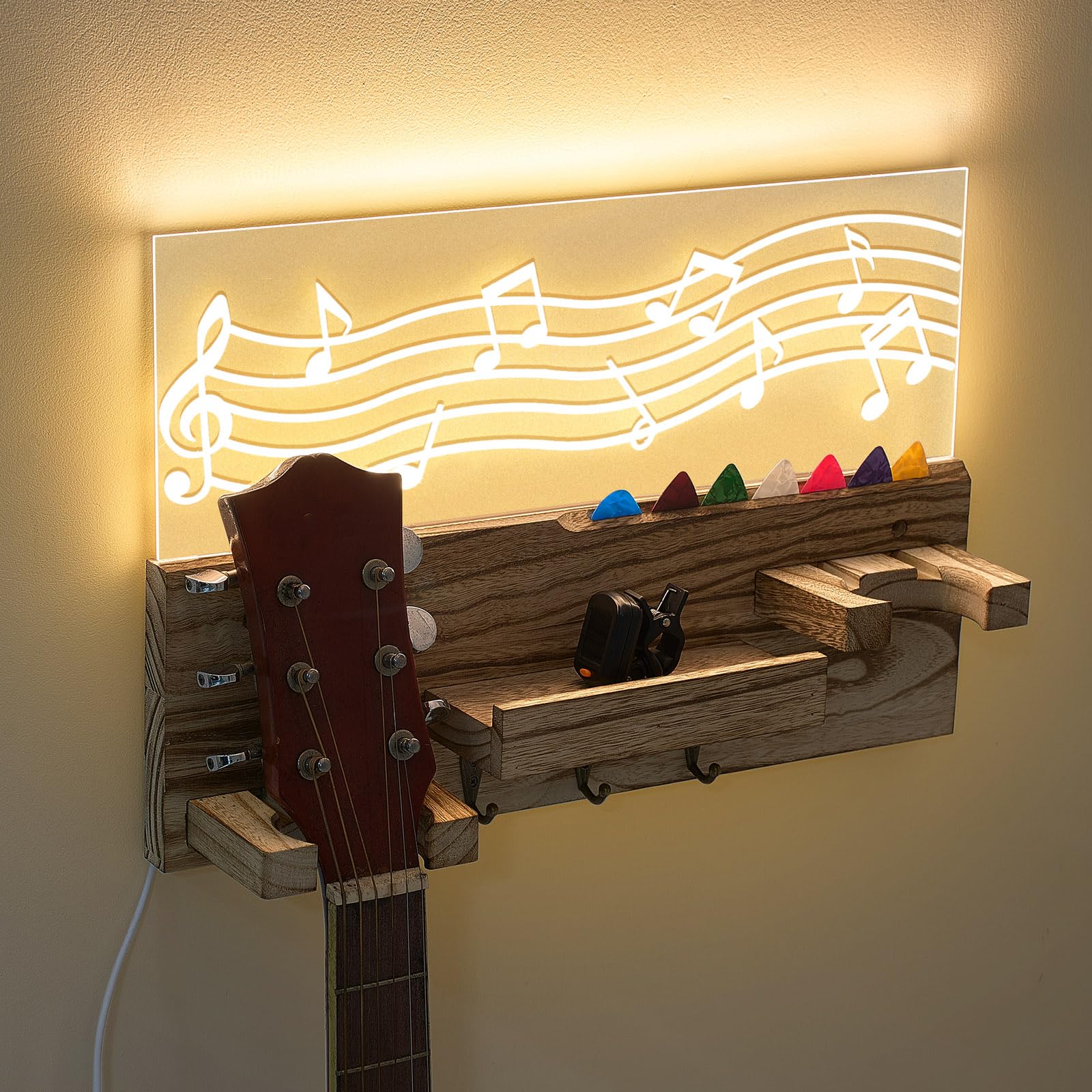Light up Guitar Stand Wall Mount Wood Hanger Shelf with Pick Holder and 3 Hooks for Acoustic Electric Bass Ukulele Violin Guitar Gifts for Musicians Music Lovers Guitarist(Light Color) Light Color