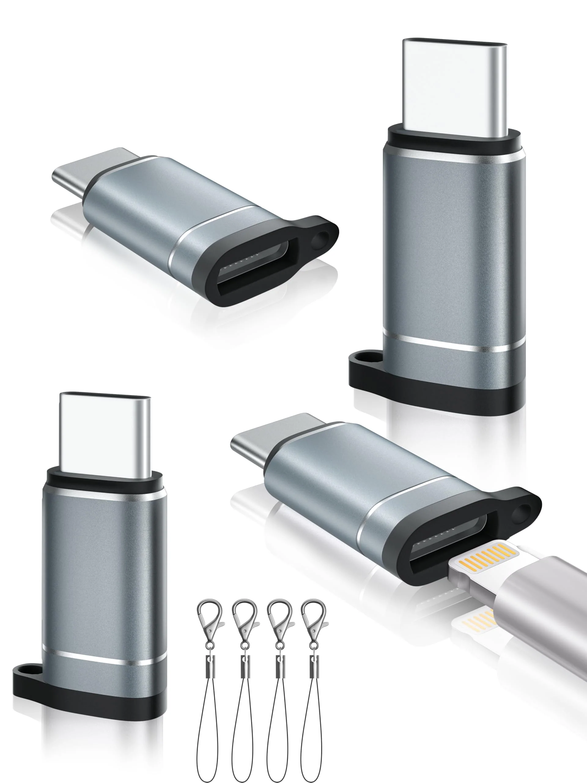 Lightning Female to USB C Male Adapter-27W Fast Charging Adapter - Lightning to USB C Adapter for iPhone 15 Series/16 Pro/16 Pro Max/Plus, iPad Air, Galaxy S23/Note 20, Pixel 8 9, 4 PCS, Grey 4 Pack