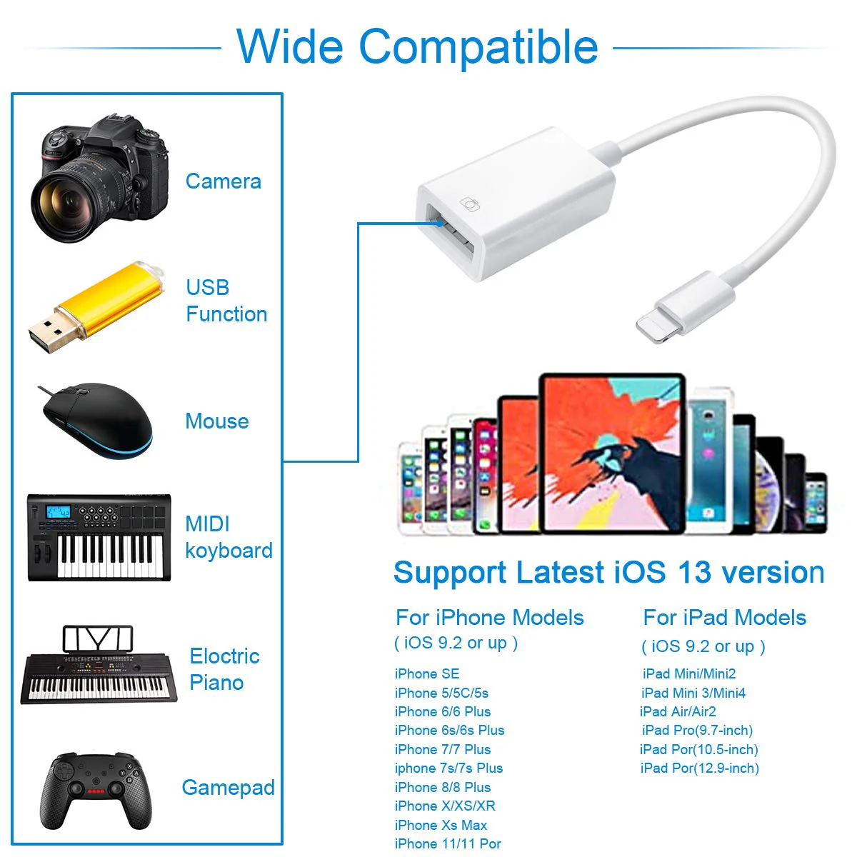 Lightning to USB Camera Adapter Lightning Female USB OTG Cable Adapter for Select iPhone,iPad Models Support Connect Camera, Card Reader, USB Flash Drive, MIDI Keyboard, White (White) - Image 2
