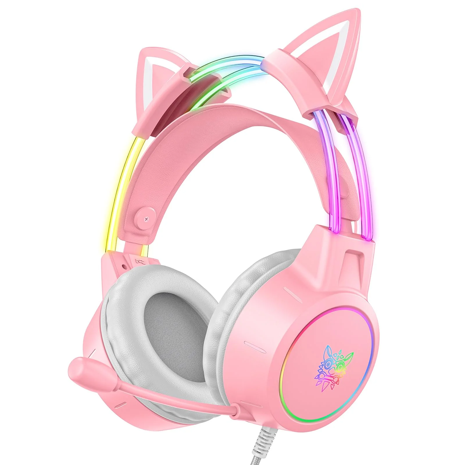 Lightweight Gaming Headset with Detachable Cat Ears, RGB Lighting, Wired Over Ear Headphones with Mic for PC, PS4, PS5, Switch, Stereo Surround Sound, Self-Adjusting Headband Pink Cat Ear