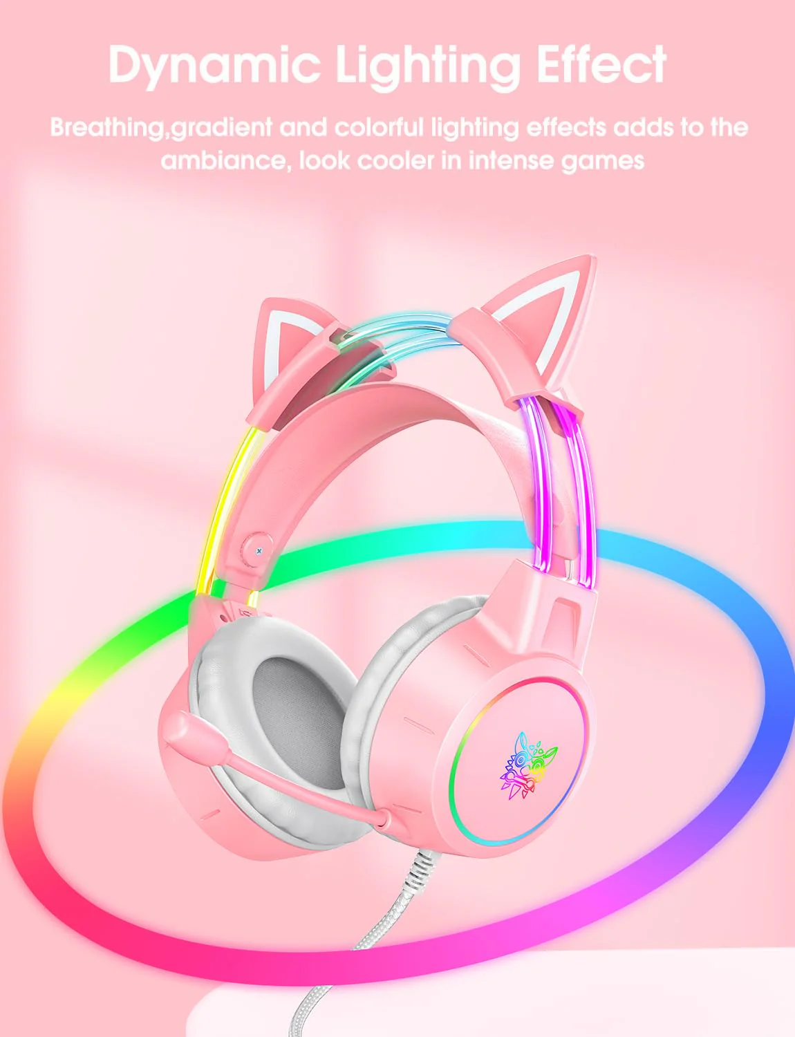 Lightweight Gaming Headset with Detachable Cat Ears, RGB Lighting, Wired Over Ear Headphones with Mic for PC, PS4, PS5, Switch, Stereo Surround Sound, Self-Adjusting Headband Pink Cat Ear - Image 3