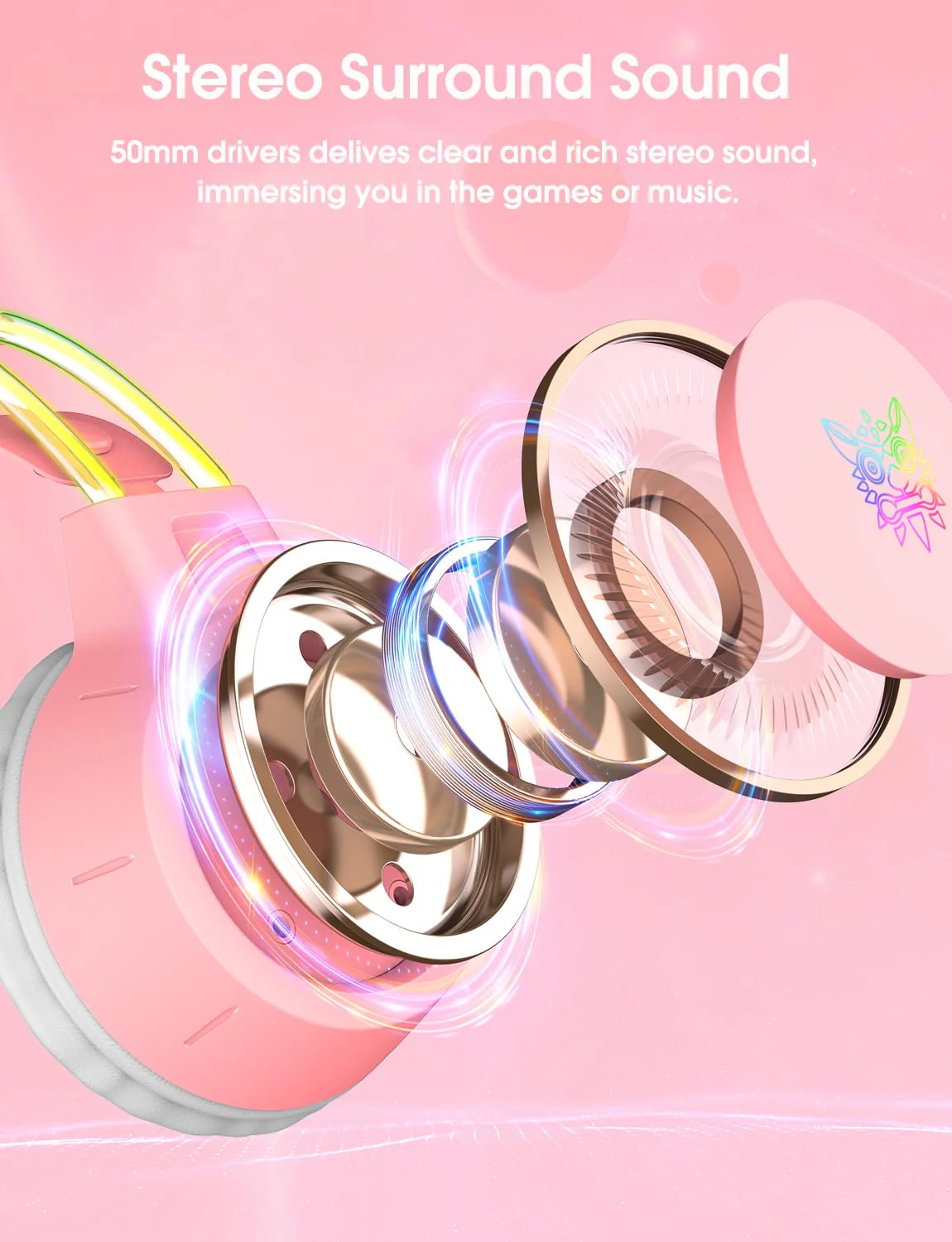 Lightweight Gaming Headset with Detachable Cat Ears, RGB Lighting, Wired Over Ear Headphones with Mic for PC, PS4, PS5, Switch, Stereo Surround Sound, Self-Adjusting Headband Pink Cat Ear - Image 4