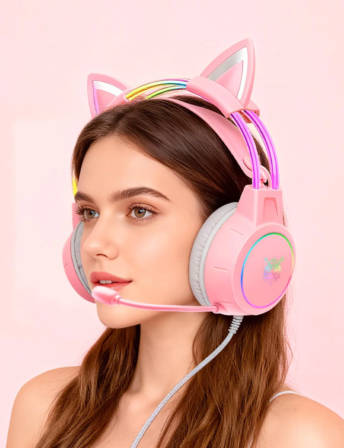 Lightweight Gaming Headset with Detachable Cat Ears, RGB Lighting, Wired Over Ear Headphones with Mic for PC, PS4, PS5, Switch, Stereo Surround Sound, Self-Adjusting Headband Pink Cat Ear - Image 8