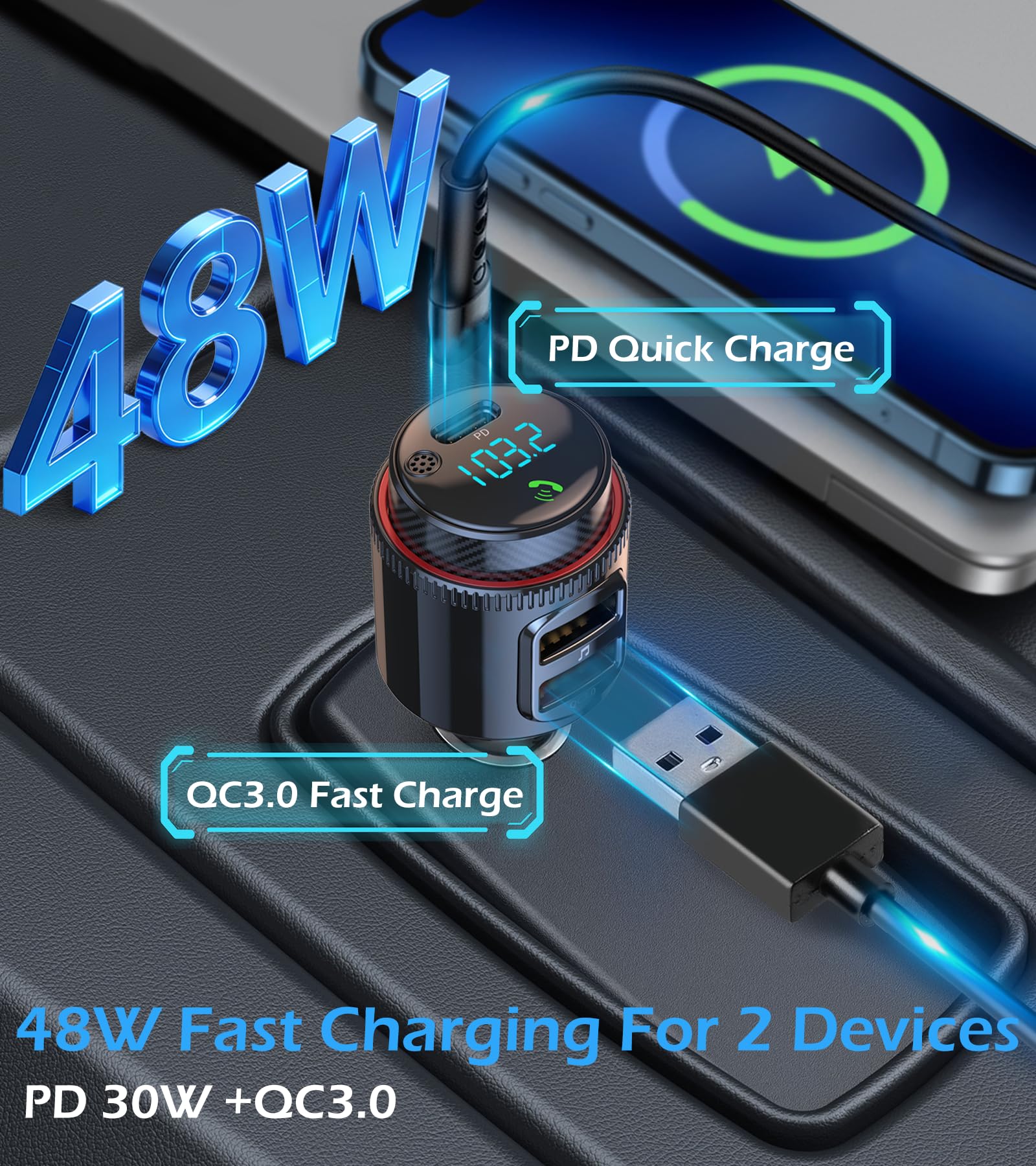 LIHAN Bluetooth 5.4 Car FM Transmitter, Wireless AUX Adapter with USB-C PD 30W & QC3.0 18W Dual Fast Charging, HiFi Bass EQ, CVC Hands-Free Calls, Siri/Google Assistant, 12V/24V Cars/Trucks/Vans - Image 2