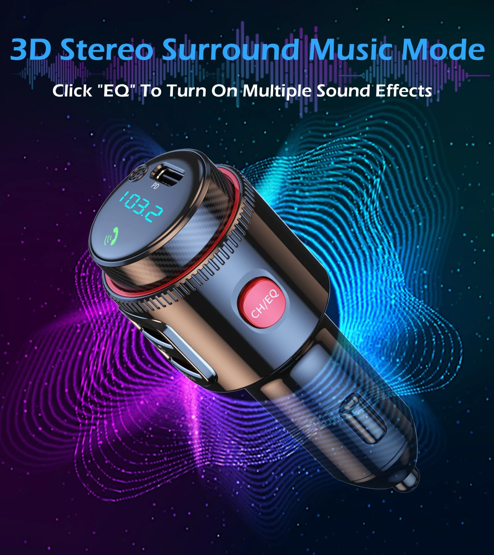 LIHAN Bluetooth 5.4 Car FM Transmitter, Wireless AUX Adapter with USB-C PD 30W & QC3.0 18W Dual Fast Charging, HiFi Bass EQ, CVC Hands-Free Calls, Siri/Google Assistant, 12V/24V Cars/Trucks/Vans - Image 4