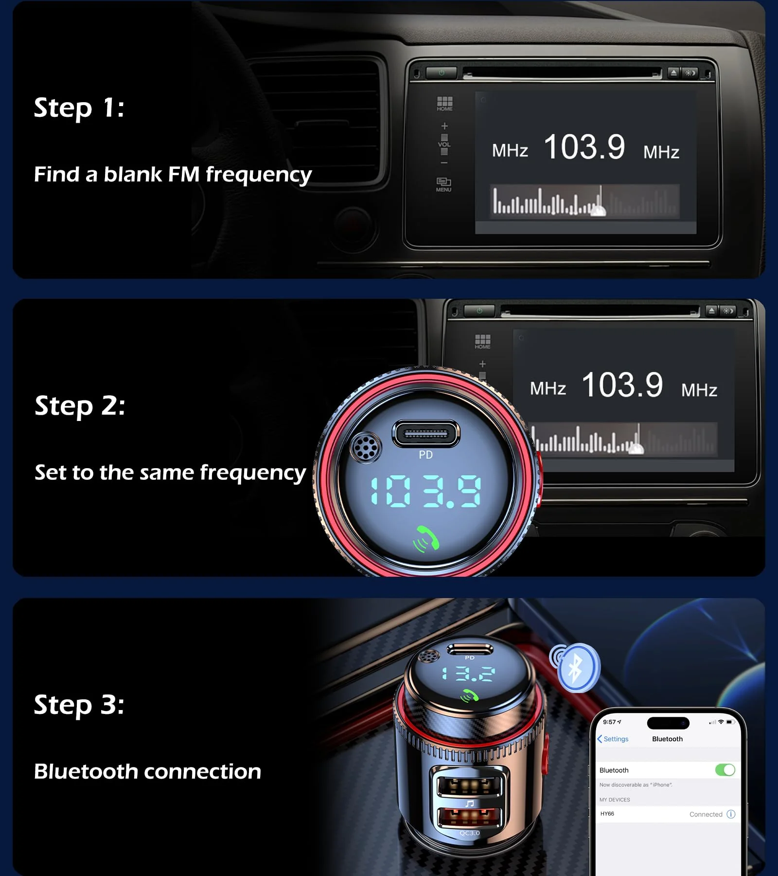 LIHAN Bluetooth 5.4 Car FM Transmitter, Wireless AUX Adapter with USB-C PD 30W & QC3.0 18W Dual Fast Charging, HiFi Bass EQ, CVC Hands-Free Calls, Siri/Google Assistant, 12V/24V Cars/Trucks/Vans - Image 6
