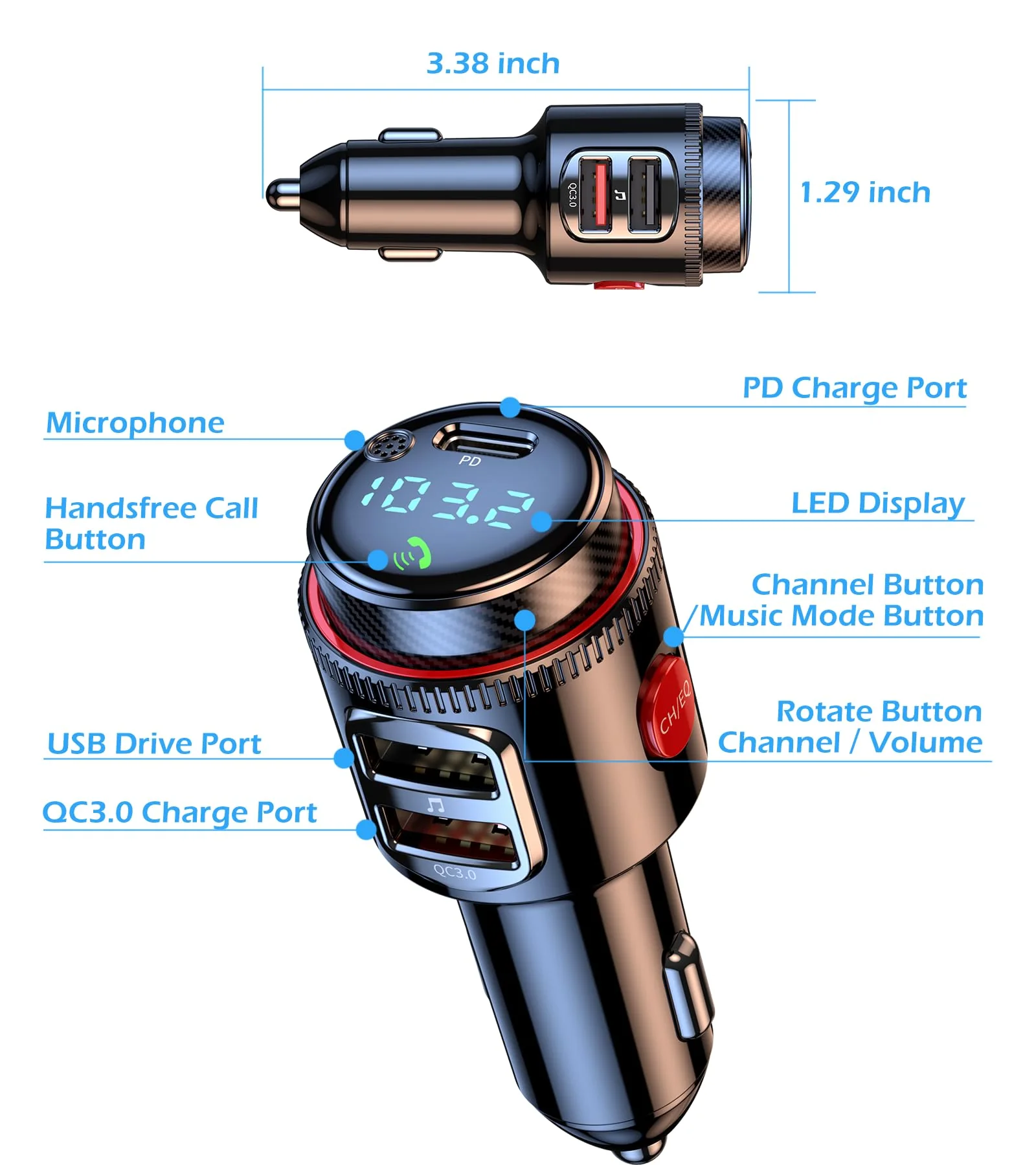 LIHAN Bluetooth 5.4 Car FM Transmitter, Wireless AUX Adapter with USB-C PD 30W & QC3.0 18W Dual Fast Charging, HiFi Bass EQ, CVC Hands-Free Calls, Siri/Google Assistant, 12V/24V Cars/Trucks/Vans - Image 8