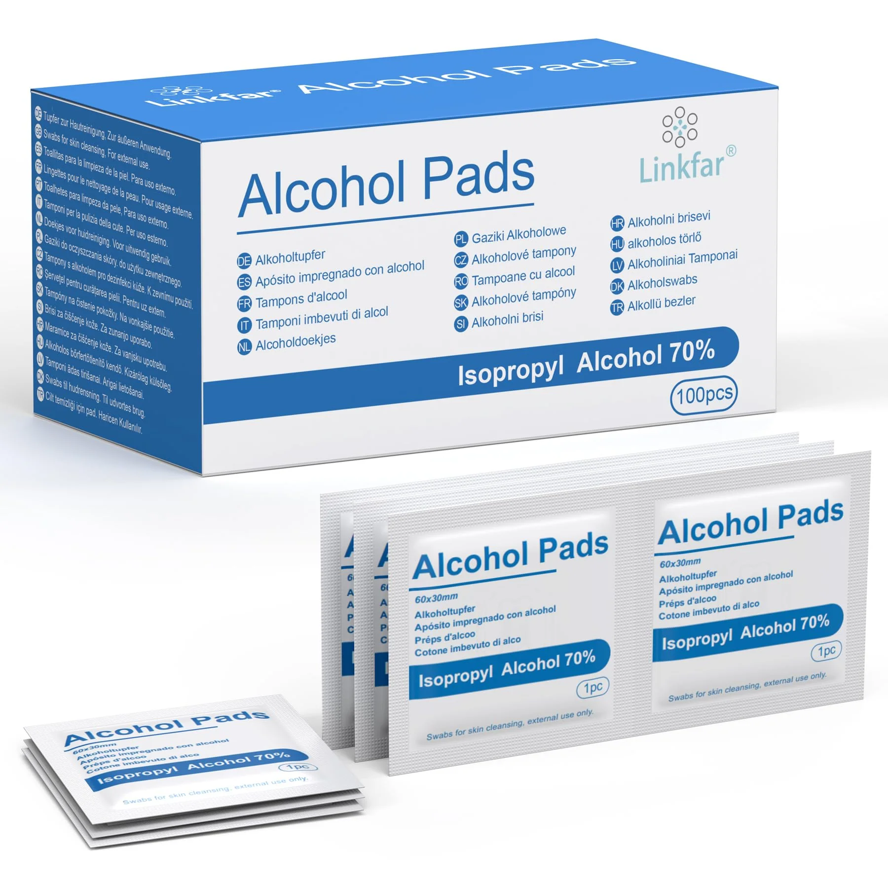 Linkfar Alcohol Swabs - 70% Isopropanol Disinfectant Wipes for Skin Cleaning, Glasses & Surfaces - Hygienically Individually Packed, Pack of 100 (3 x 6 cm)