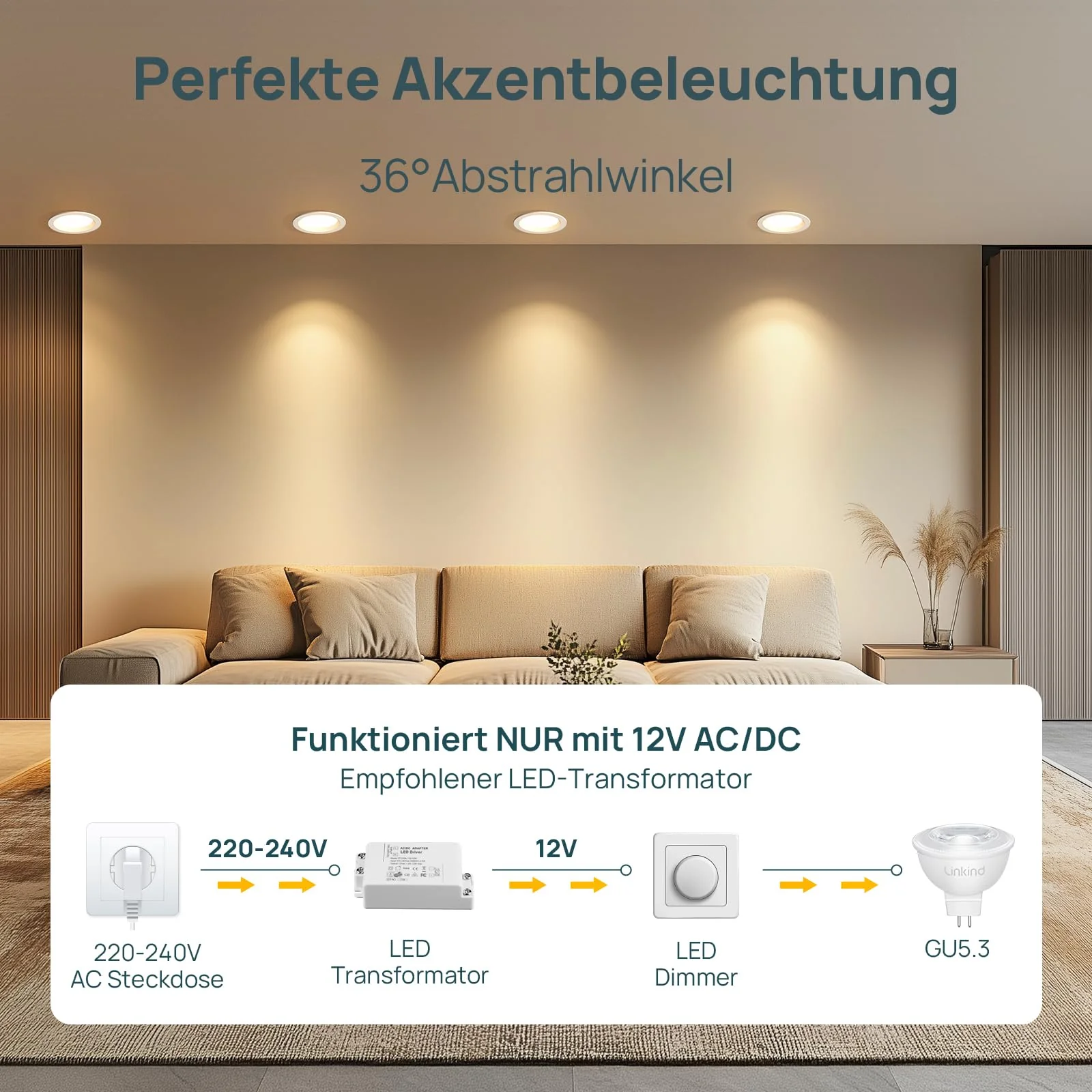 Linkind Dimmable GU5.3 LED Bulb 5.5 W, Equivalent to 50 Watt, 2700 K Warm White 12 Volt AC/DC MR16 LED Reflector GU5.3 Spotlight, 36° Beam Angle 465 Lm LED Light Bulb MR16 Bulb, Pack of 5 Warm White Dimmable - Image 5