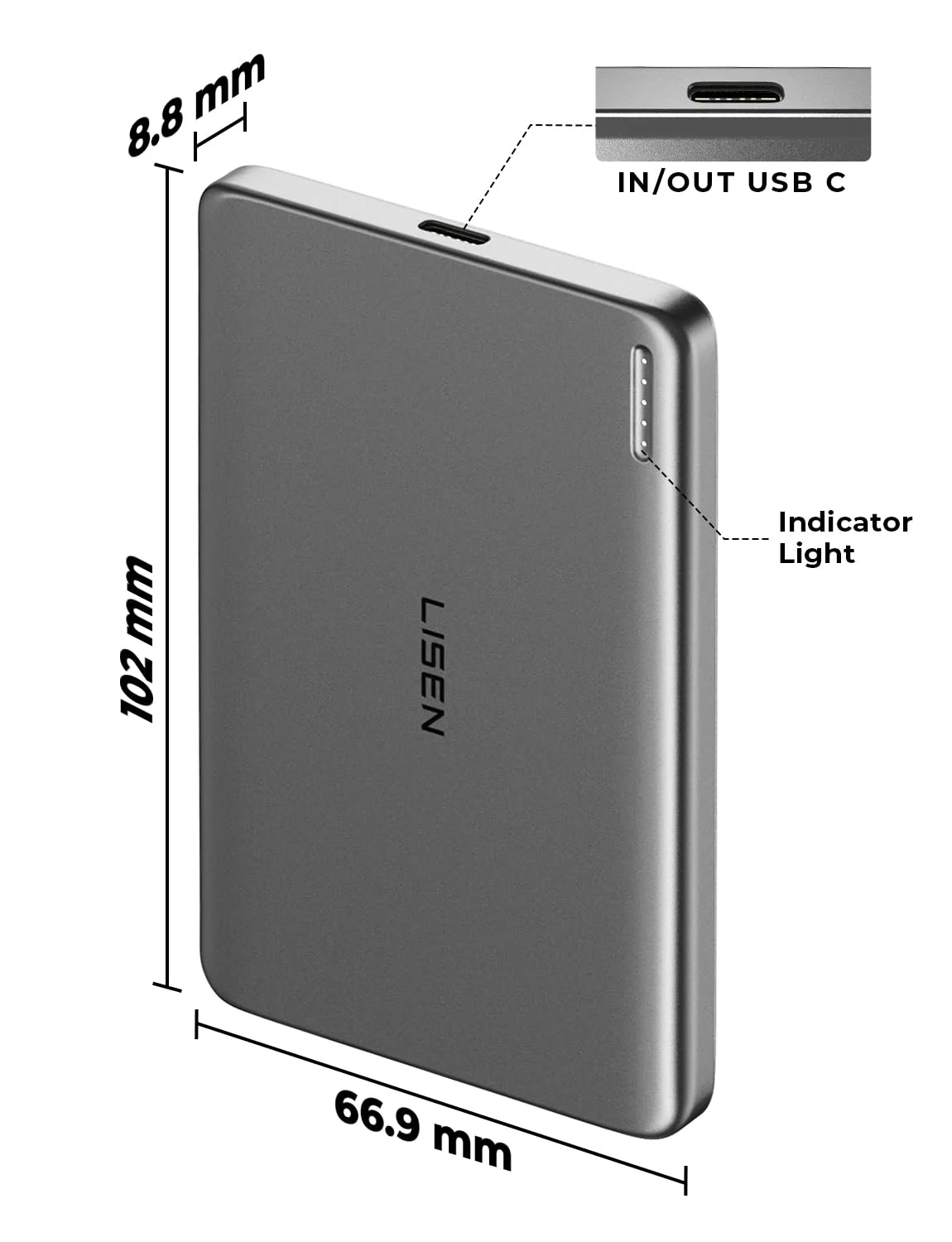 LISEN 0.3‘’ Ultra Slim MagSafe Portable Charger iPhone,Alloy 5,000mAh Magnetic Wireless Card Power Bank,MagSafe Battery Pack for iPhone 16/15/14/13/12,Valentines Day Gifts for Men Women,Glacier Gray Glacier Gray 0.3‘’ - Image 9
