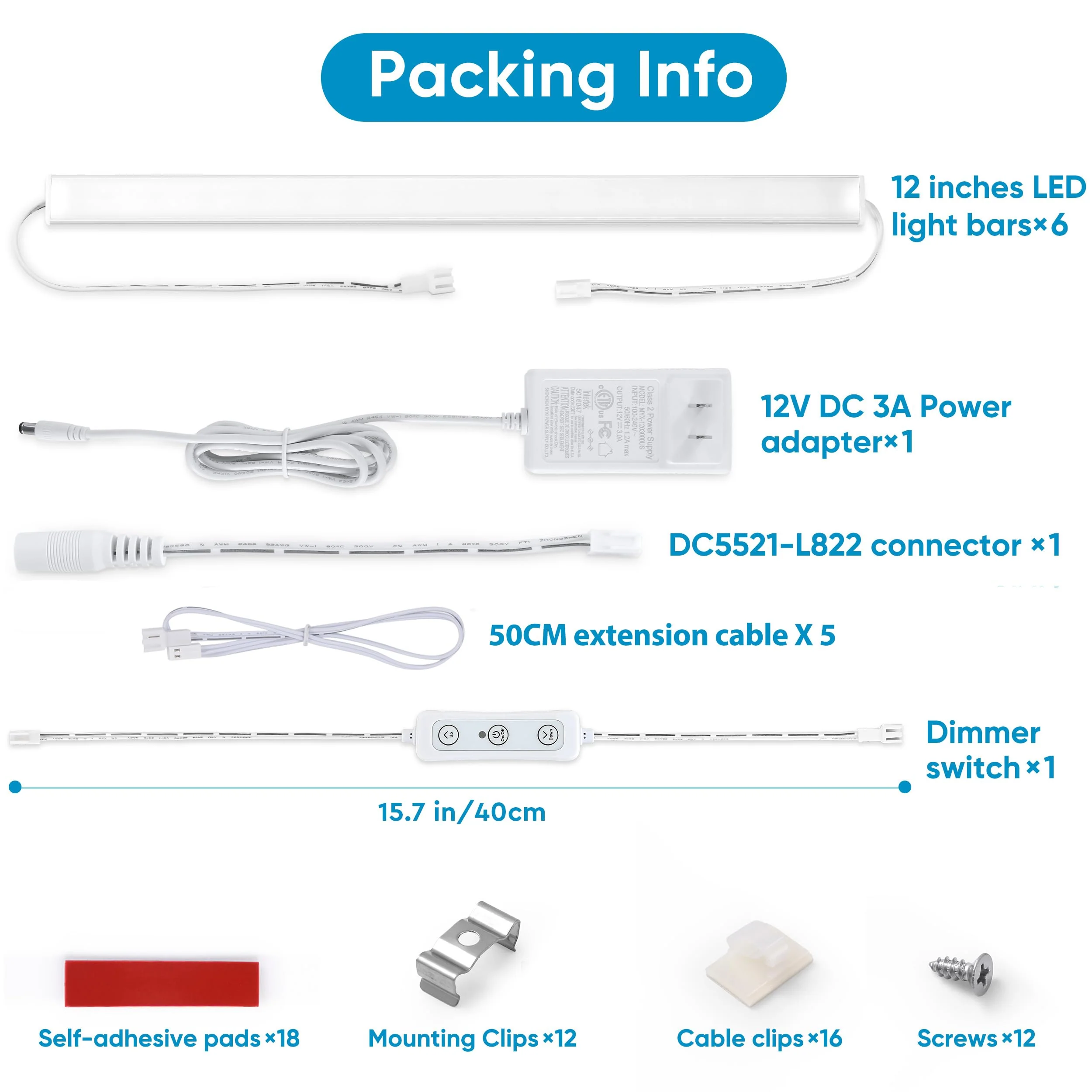 Litever Under Cabinet Lights Plug in, 6 pcs 12 Inches LED Light Strip Bars. Super Bright Dimmable Linkable for Kitchen Counter Above Cabinets Shelf Workbench Desk Closet Lighting. Daylight 5000K 6-Light-Kit - Image 3