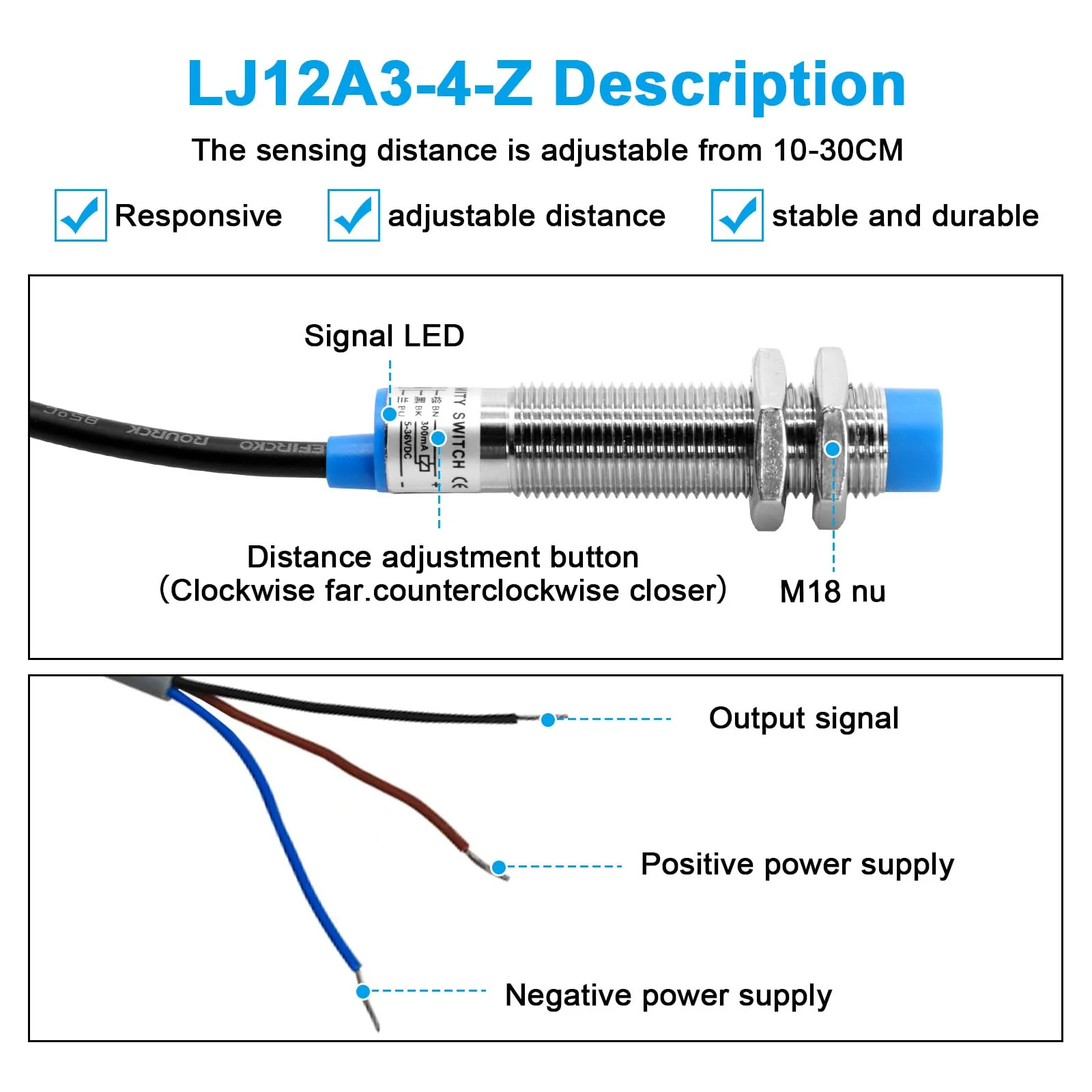 LJ12A3-4-Z BX Proximity Sensor RUIZHI Pack of 5 LJ12A3-4-Z Switch Sensor/Switch Inductive Metal Inductive NPN Normally Open 3-Core DC 6-36V Compatible with Arduino - Image 4