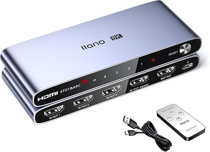 llano HDMI 2.1 Switch, HDMI Switcher 4K@120Hz 8K@60Hz with IR Remote, Switcher Selector 4 in 1 Out Supports CEC, HDCP2.3, 3D, HDR10+ VRR ALLM for PS5 and Xbox (Gray) Gray