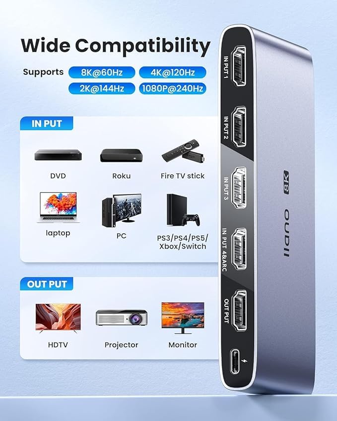 llano HDMI 2.1 Switch, HDMI Switcher 4K@120Hz 8K@60Hz with IR Remote, Switcher Selector 4 in 1 Out Supports CEC, HDCP2.3, 3D, HDR10+ VRR ALLM for PS5 and Xbox (Gray) Gray - Image 5