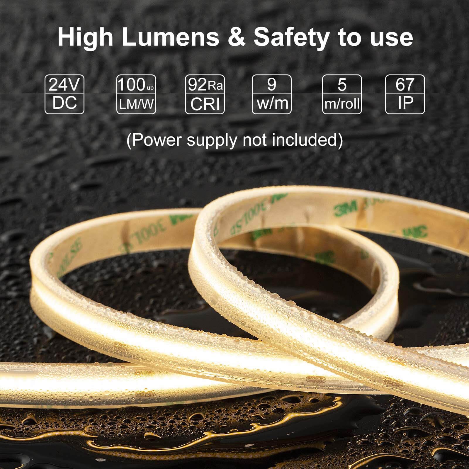 LLTOP COB LED Strip Lights Waterproof IP67 DC24v Warm White 3000K 16.4ft/5m High CRI 92Ra+ Outdoor LED Tape Lighting DIY Cuttable for Bedroom Kitchen Cabinet Shelf (Power Supply Not Included) Warm White 3000K (power supply not included) - Image 2