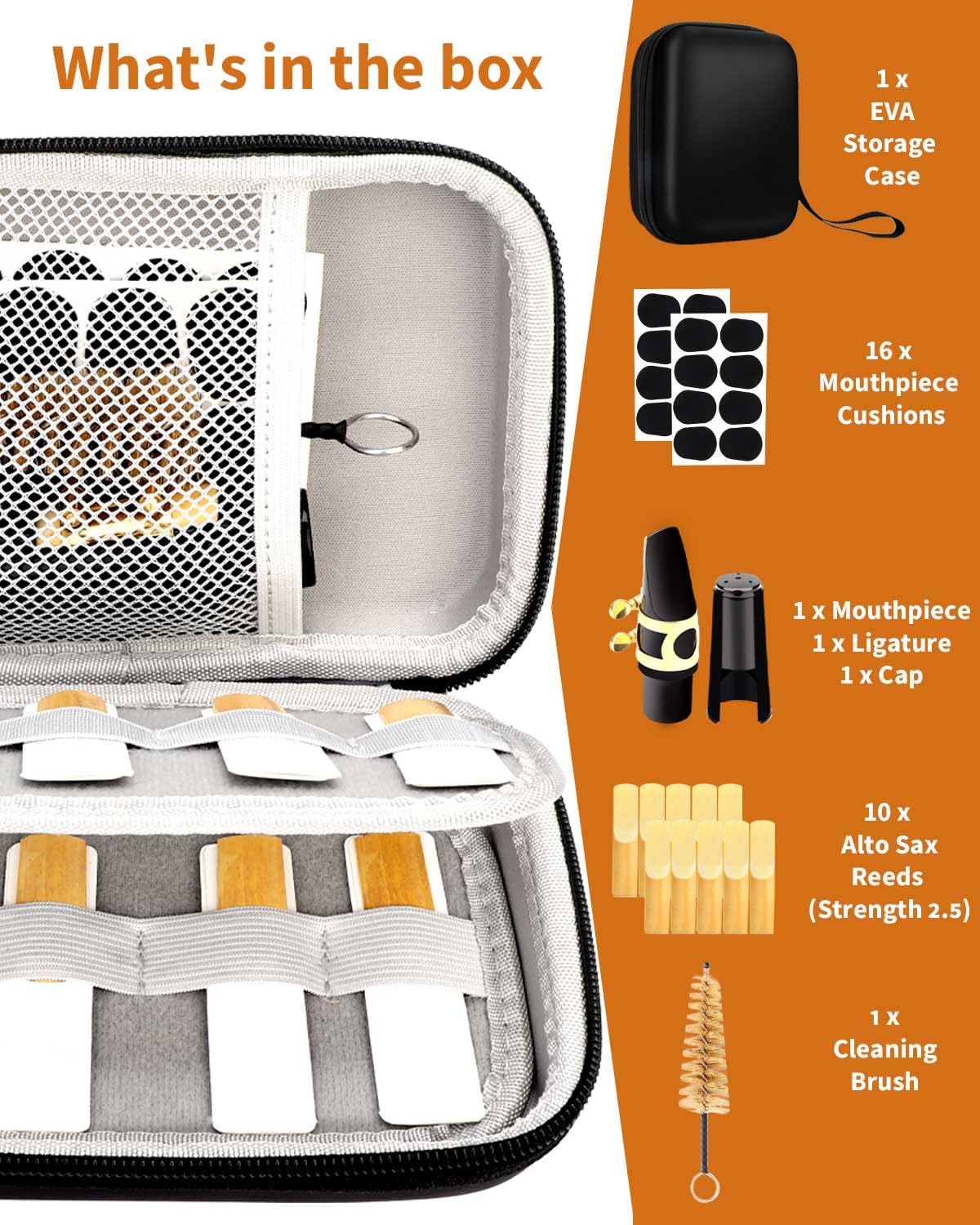 LMS Alto Saxophone Mouthpiece Kit with EVA Storage Case - Alto Sax Mouthpiece Accessories Kit for Beginners - Alto Sax Mouthpiece Ligature 2.5 Reeds Cushions Cap Brush and Case (Case + Mouthpiece Kit) - Image 2