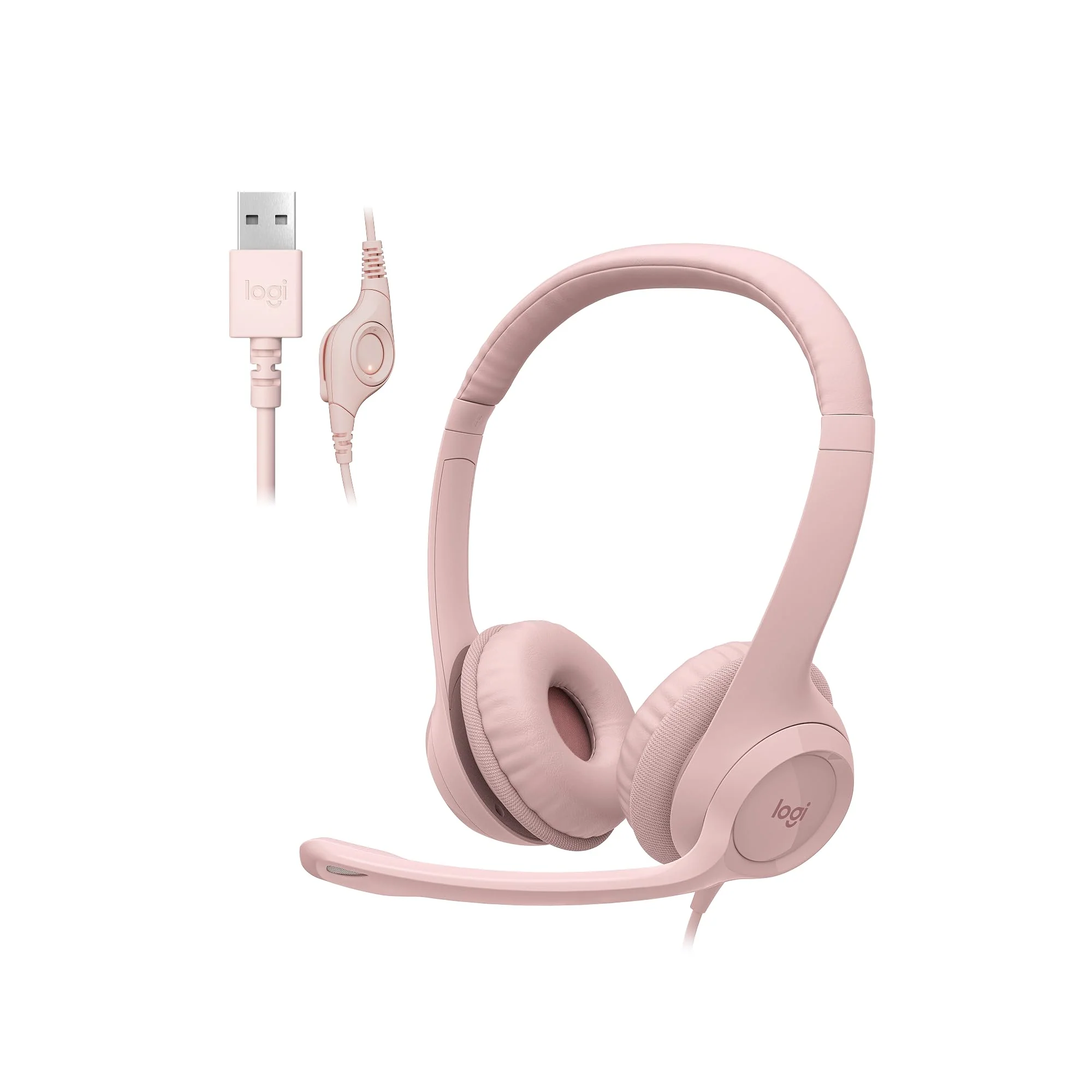 Logitech H390 Wired Headset for PC/Laptop, Stereo Headphones with Noise Cancelling Microphone, USB-A, in-Line Controls, Works with Chromebook - Rose 1 Pack