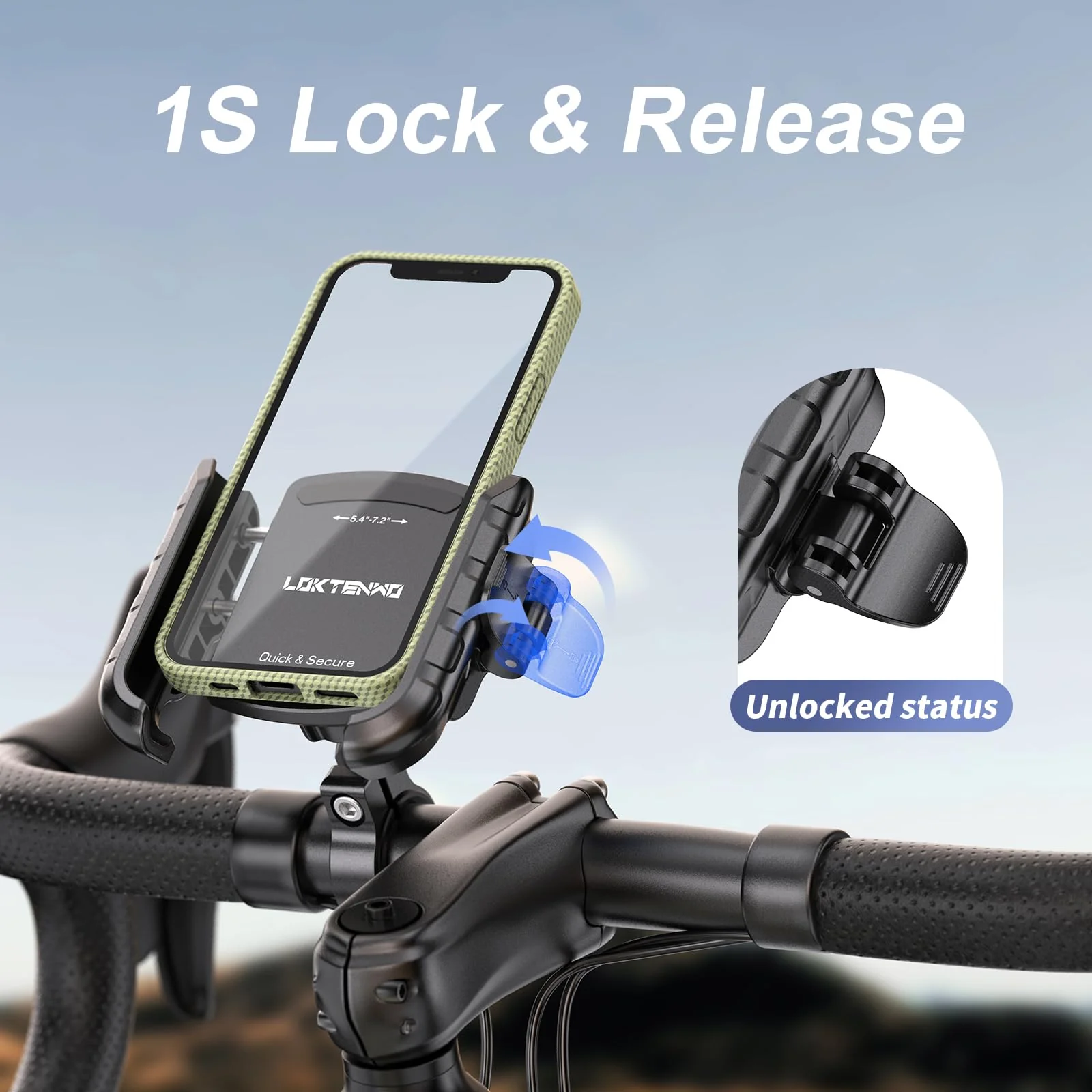 LOKTENWO Bike Motorcycle Phone Mount with Aluminum Alloy Mounting Base, [1s Lock & Release] [Camera Friendly] Bicycle Handlebar Cell Phone Holder for Scooter ATV, Fit 5.4-7.2" Smartphone - Image 2