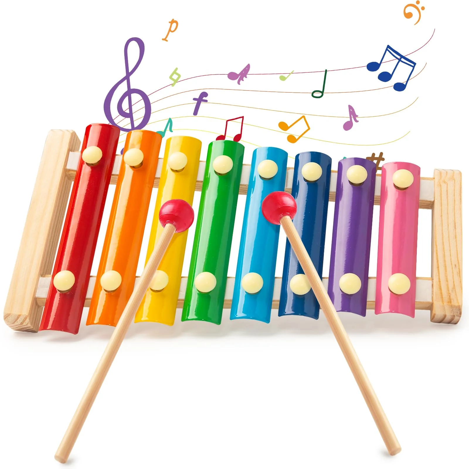LovesTown Kids Wooden Xylophone 2 Packs, Children Xylophone Toy with Child Safe Mallets 8 Diatonic Keys Xylophone Musical Toys