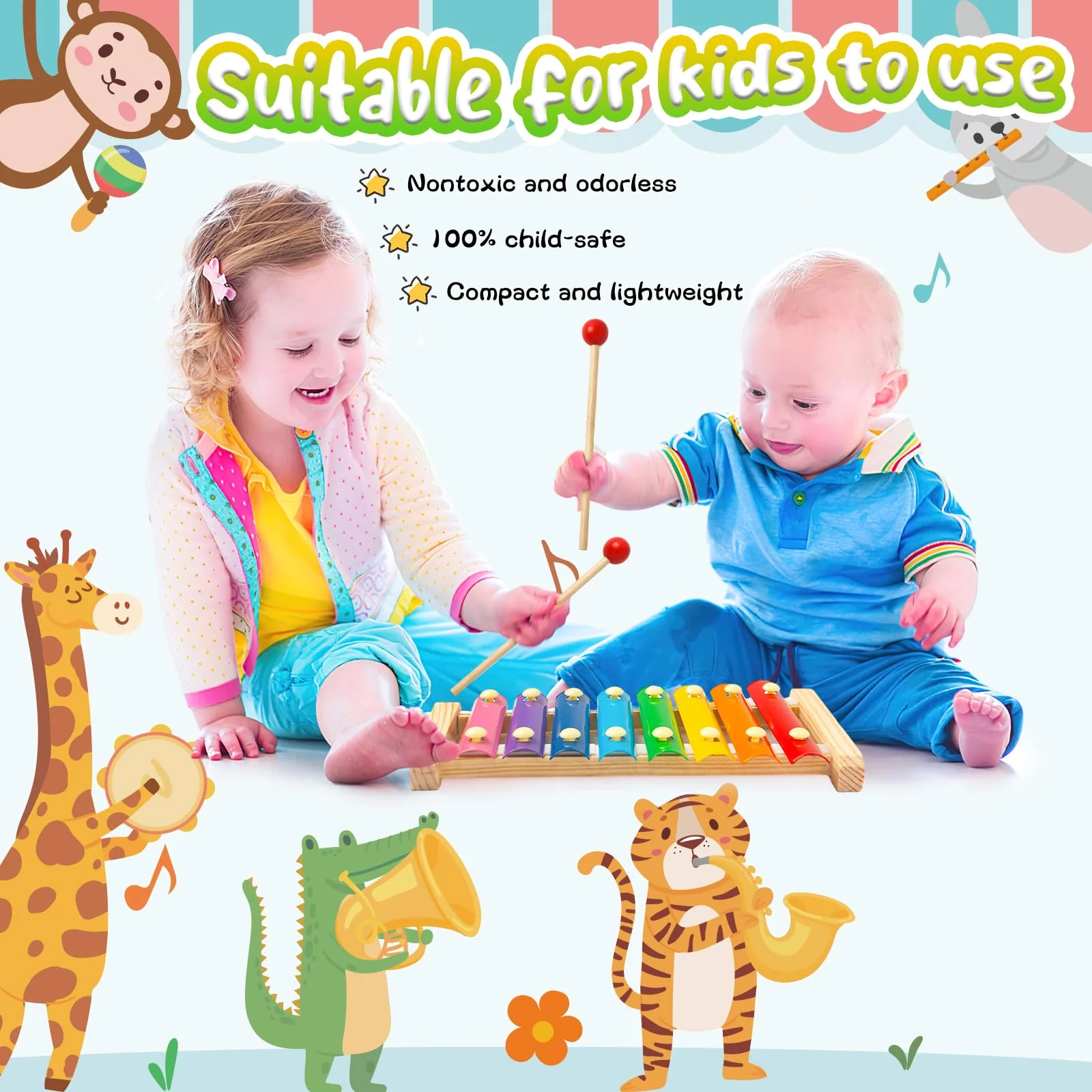 LovesTown Kids Wooden Xylophone 2 Packs, Children Xylophone Toy with Child Safe Mallets 8 Diatonic Keys Xylophone Musical Toys - Image 4
