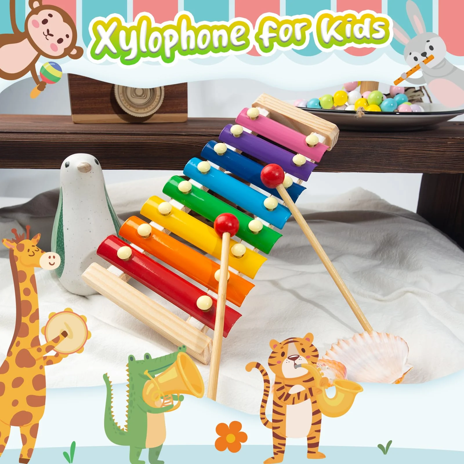 LovesTown Kids Wooden Xylophone 2 Packs, Children Xylophone Toy with Child Safe Mallets 8 Diatonic Keys Xylophone Musical Toys - Image 9