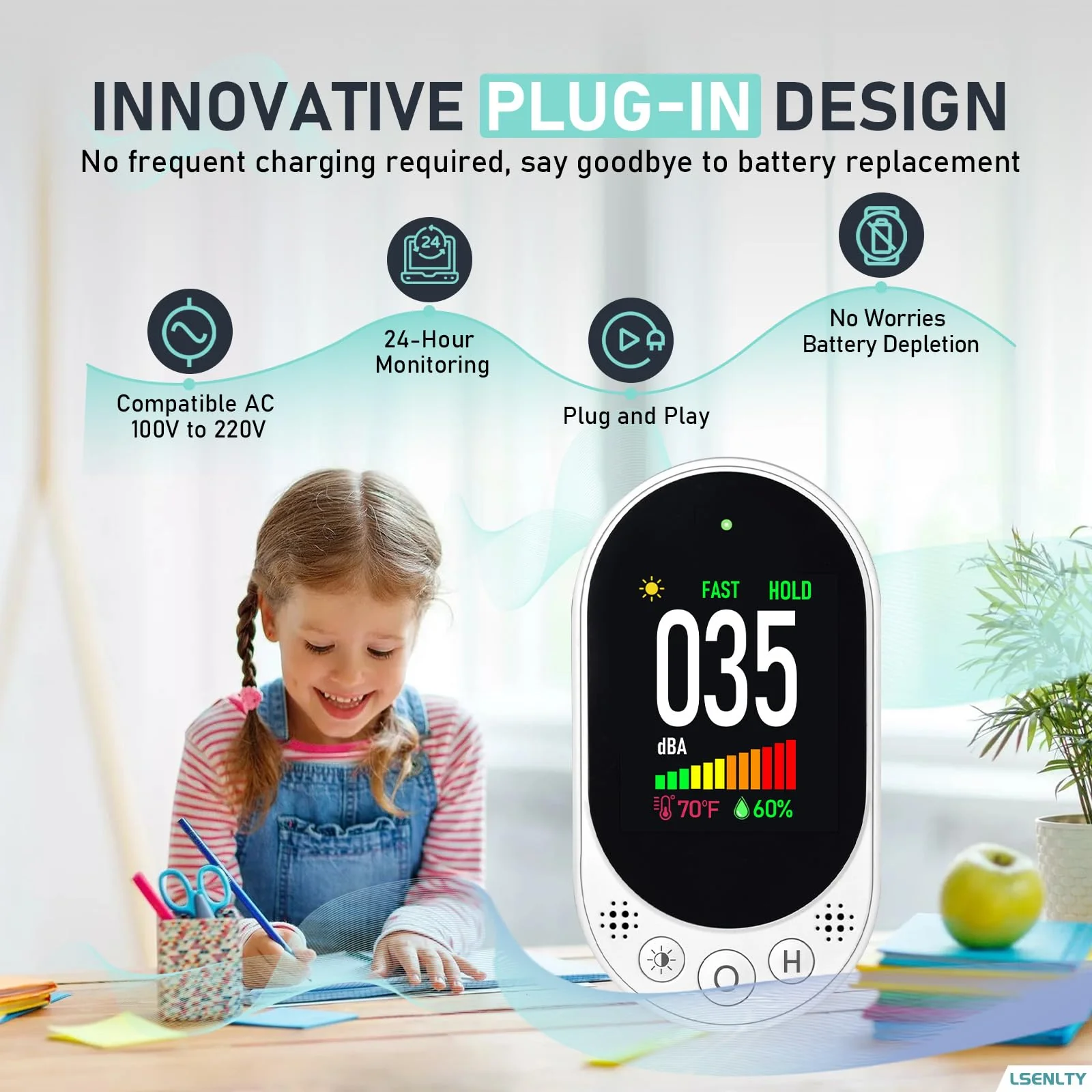 LSENLTY Decibel Meter Plug-in Wall, 30-130dB Sound Level Meter, Data Hold&Max/Min&Fast/Slow Response 3-in-1 Noise Detector(TEM&Humidity), A-Weighted Noise Measuring Device for Classroom Home Library 1 - Image 3