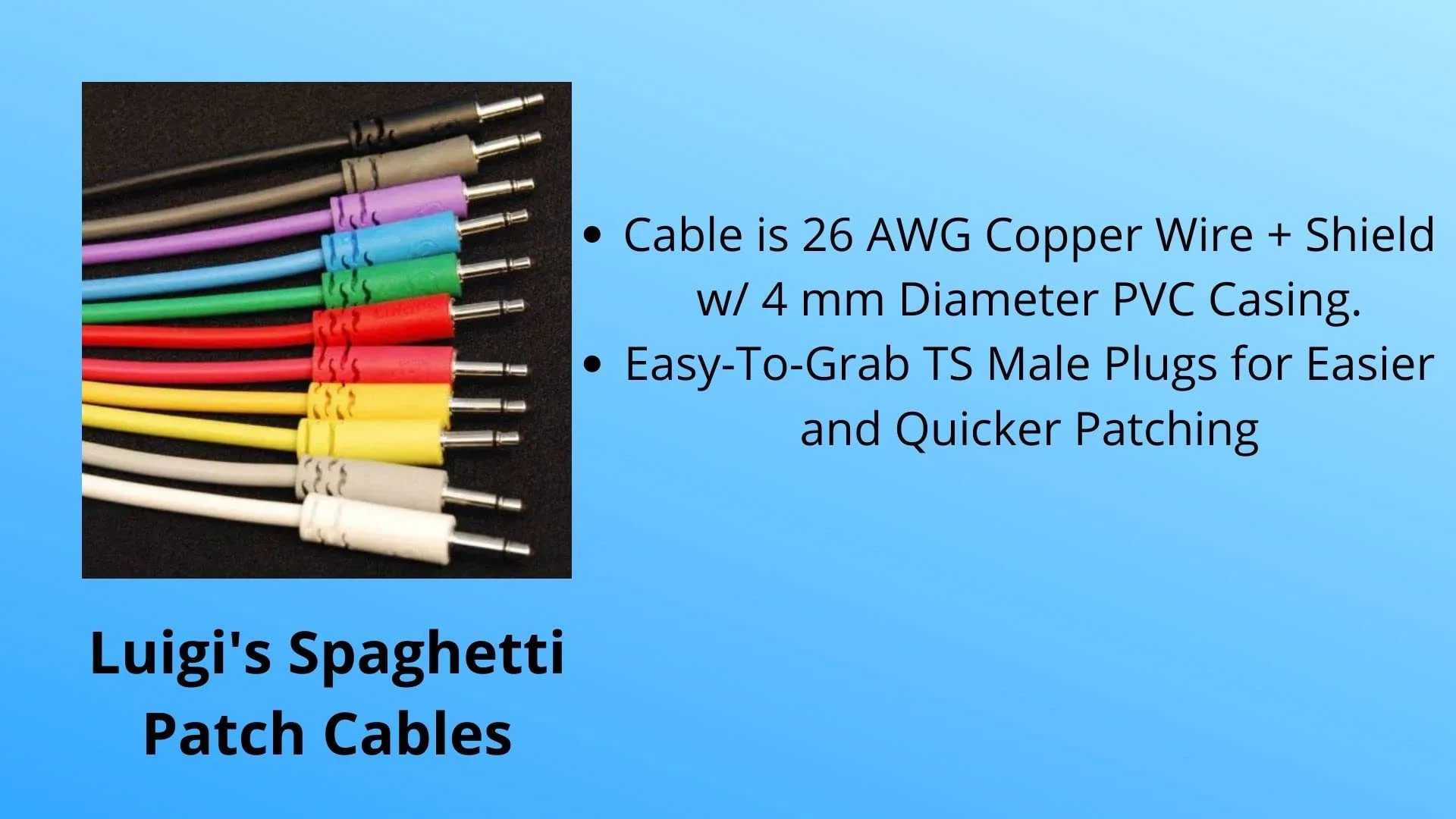 Luigis Modular Supply Spaghetti Eurorack Patch Cables - Package of 5 Light Gray Cables, 12 (30 cm) - Image 3