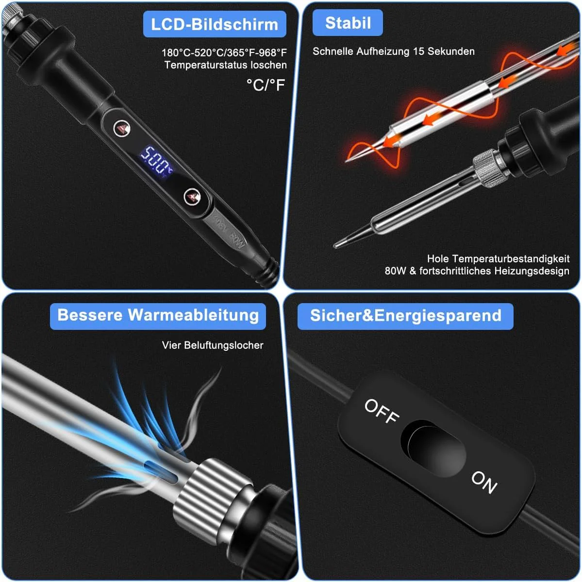 Lunriwis Soldering Iron Set, 80 W LCD, with Temperature Adjustable 180-500 °C Soldering Iron with On/Off, Soldering Tool with 5 Soldering Tips, 50 g Soldering Wires, Desoldering Pump, Soldering Iron - Image 2