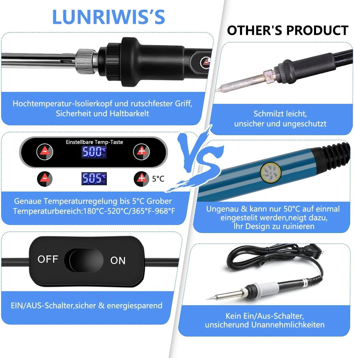 Lunriwis Soldering Iron Set, 80 W LCD, with Temperature Adjustable 180-500 °C Soldering Iron with On/Off, Soldering Tool with 5 Soldering Tips, 50 g Soldering Wires, Desoldering Pump, Soldering Iron - Image 3