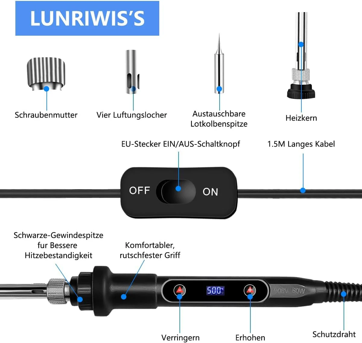 Lunriwis Soldering Iron Set, 80 W LCD, with Temperature Adjustable 180-500 °C Soldering Iron with On/Off, Soldering Tool with 5 Soldering Tips, 50 g Soldering Wires, Desoldering Pump, Soldering Iron - Image 4