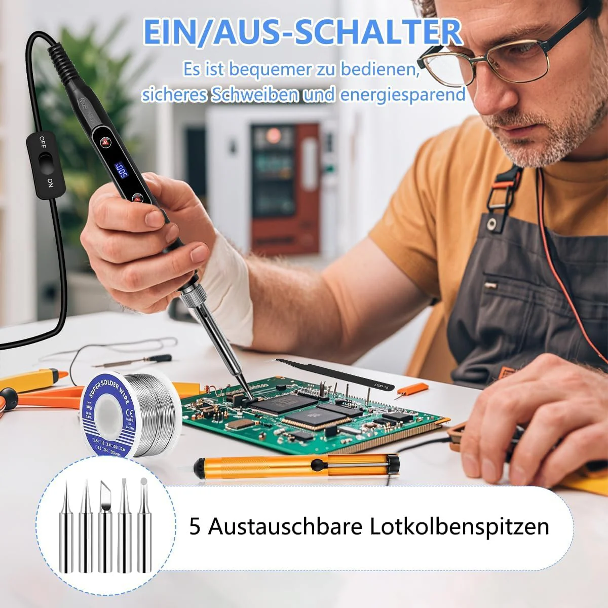 Lunriwis Soldering Iron Set, 80 W LCD, with Temperature Adjustable 180-500 °C Soldering Iron with On/Off, Soldering Tool with 5 Soldering Tips, 50 g Soldering Wires, Desoldering Pump, Soldering Iron - Image 5