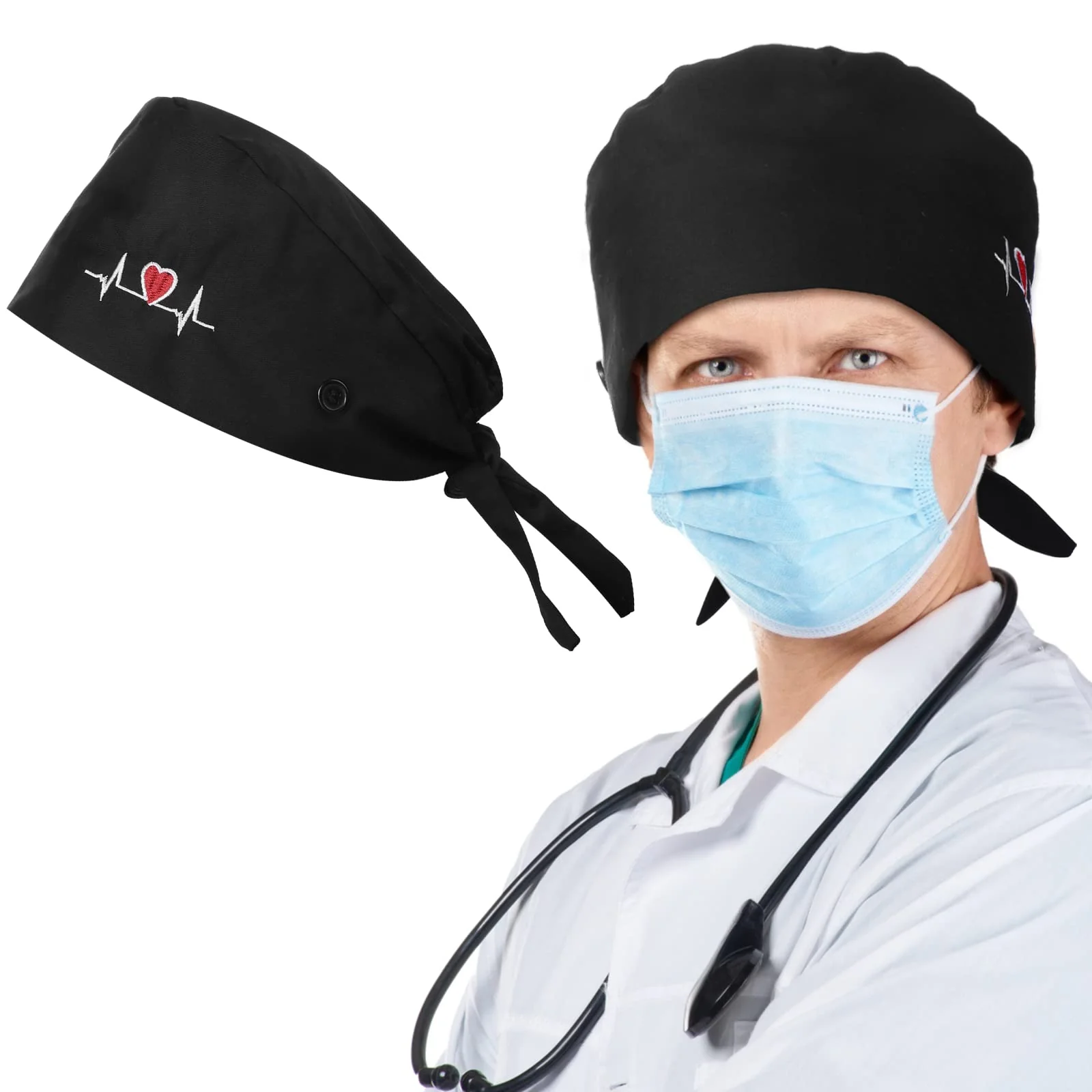 Lusofie Adjustable Working Cap with Button Sweatband Surgical Cap Nurse Hat Cotton Ponytail Holder Scrub Caps Tie Back Hats Black Heart - Image 5