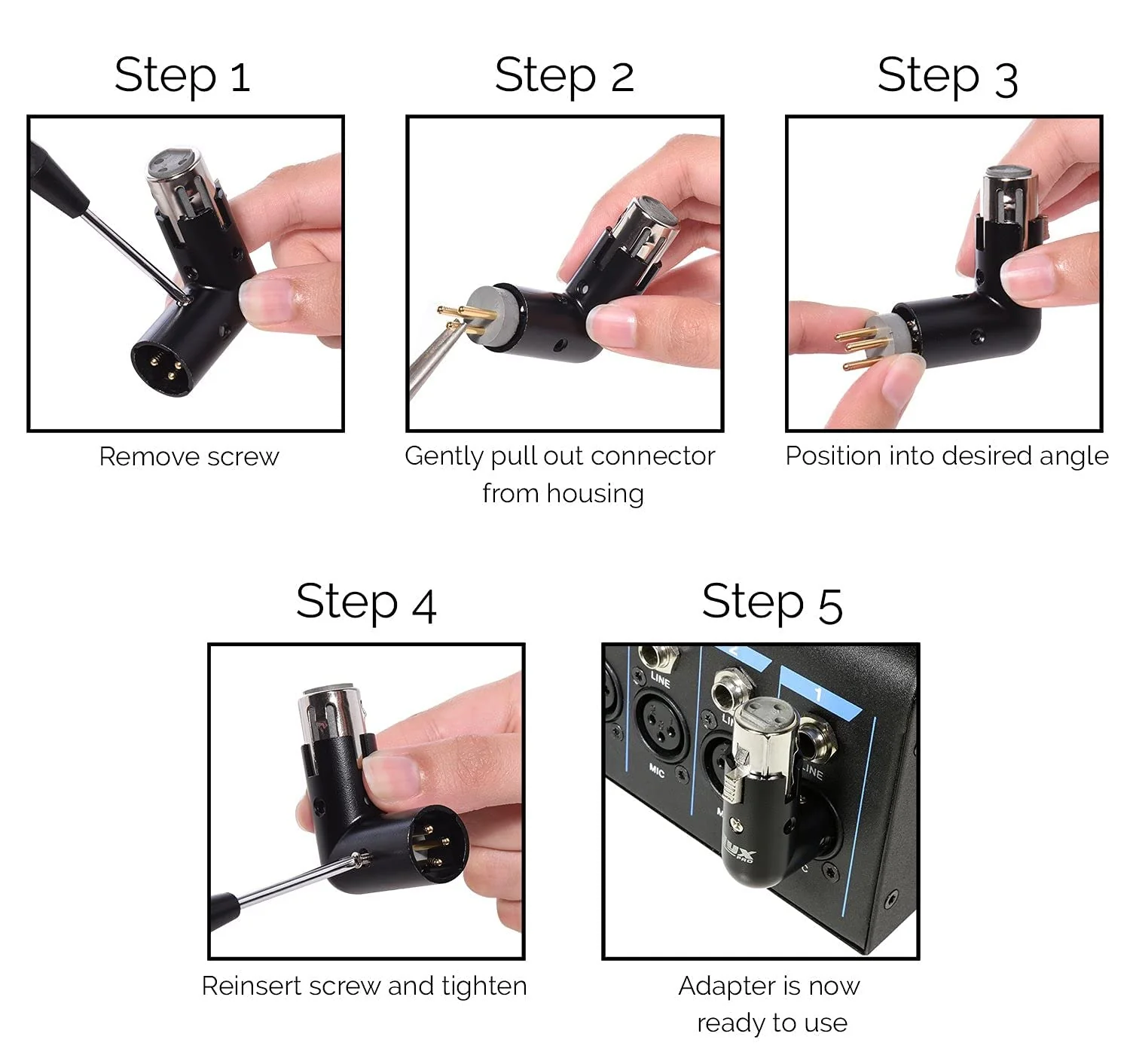 LyxPro XLR Angle Adapter Dual Male and Female can be positioned to 4 Different Angles Right Left and 90 Degree Great for Mixers That Interfere with Other Applications - 4 Pack - Image 4