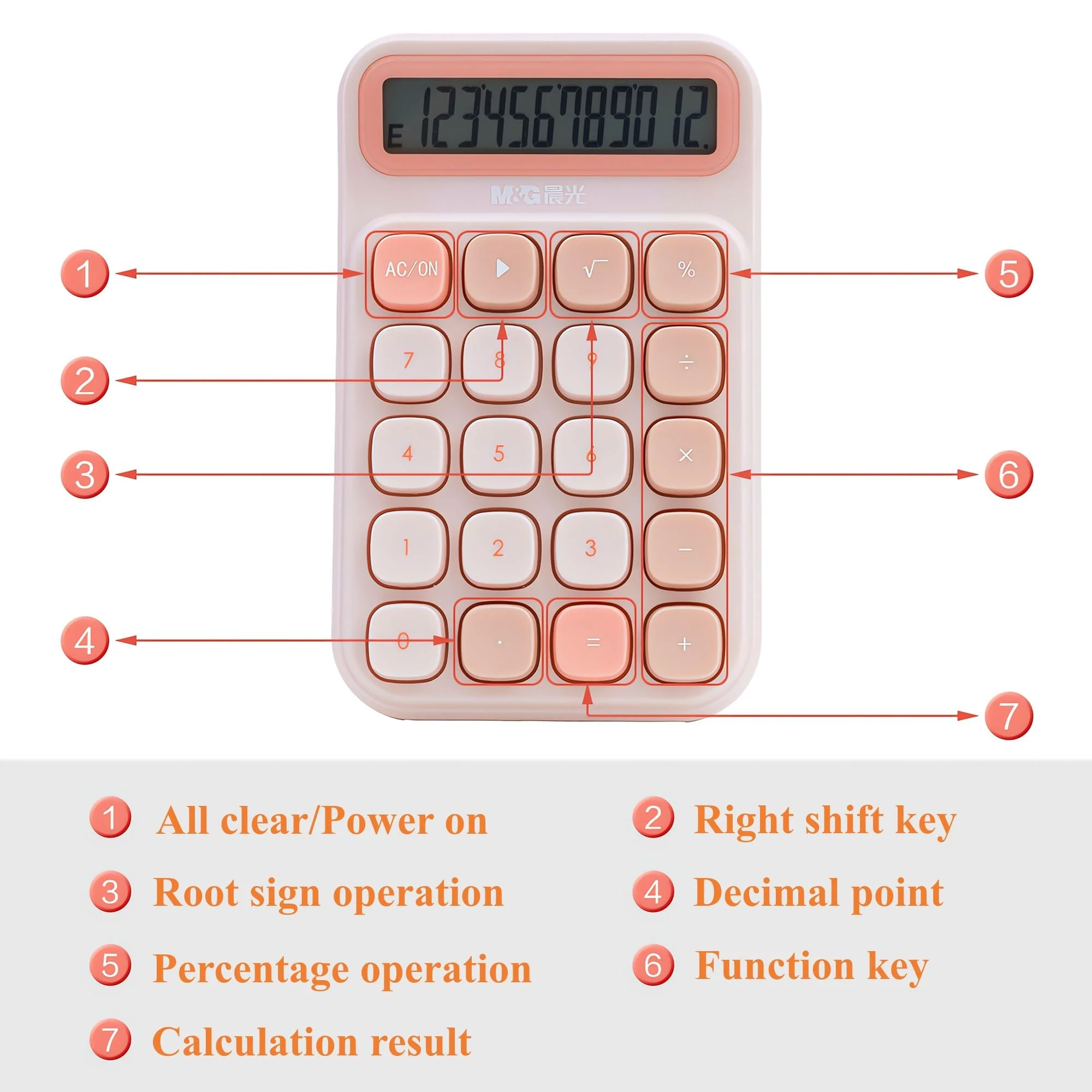M&G Desktop Calculator 12 Digit Mechanical Switch Calculator with Large LCD Display, Basic Cute Pink Calculator with Big Buttons, Aesthetic Calculator for Office Home School (Battery Included) - Image 7