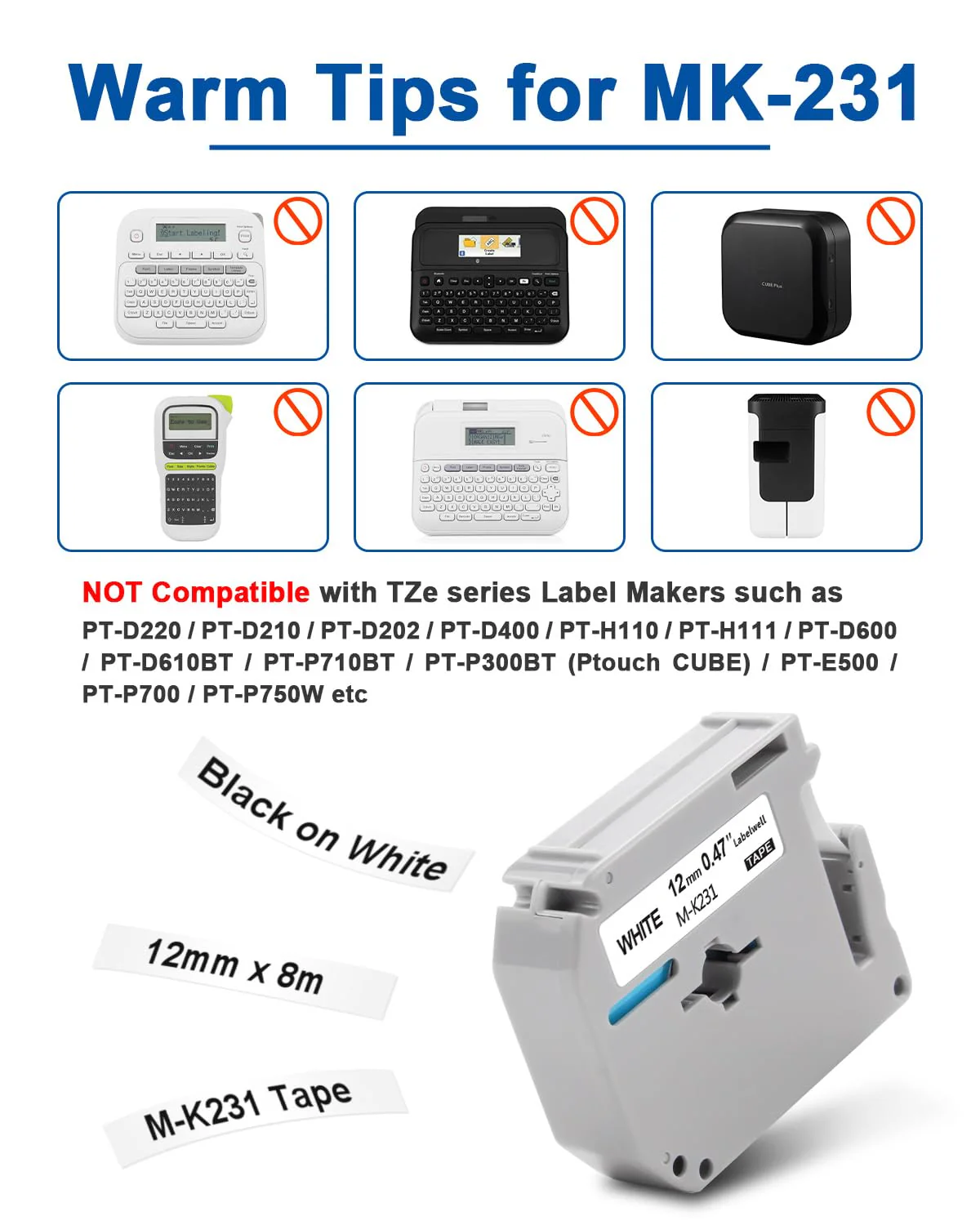 M-K231 Tape Replacement for M-K231s Brother Label Tape 12mm 0.47 Inch MK231 M231 MK231s Work with PTouch PT-M95 PTM95 PT-65 PT-45 PT-70BM PT-80 Label Maker (4-Pack, Black on White) 4 - Image 4