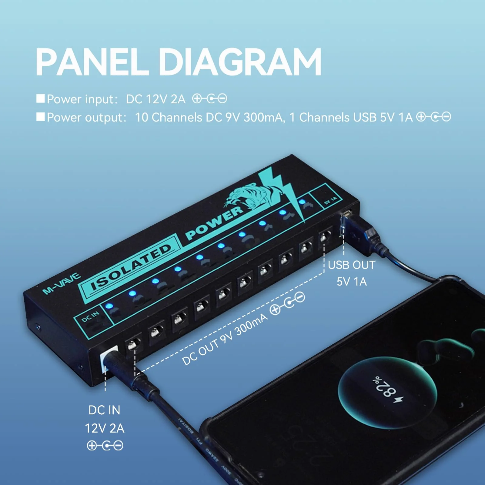 M-VAVE Guitar Pedal Isolated Power Supply Portable for Bass Effect 11 Isolated Multiple Output DC 9V 5V USB Output LED Light 300mA 1A Portable Guitar Cables - Image 3