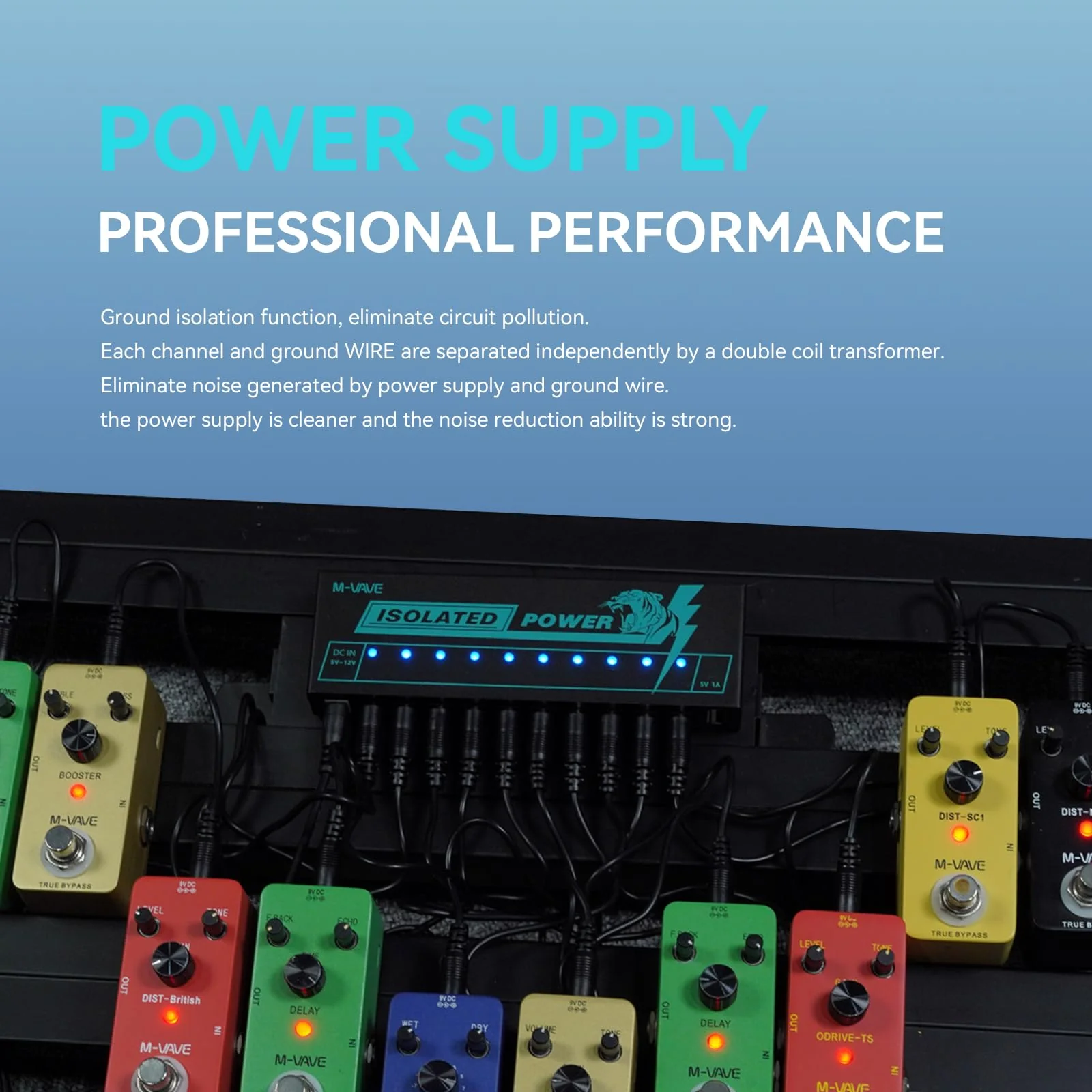 M-VAVE Guitar Pedal Isolated Power Supply Portable for Bass Effect 11 Isolated Multiple Output DC 9V 5V USB Output LED Light 300mA 1A Portable Guitar Cables - Image 7