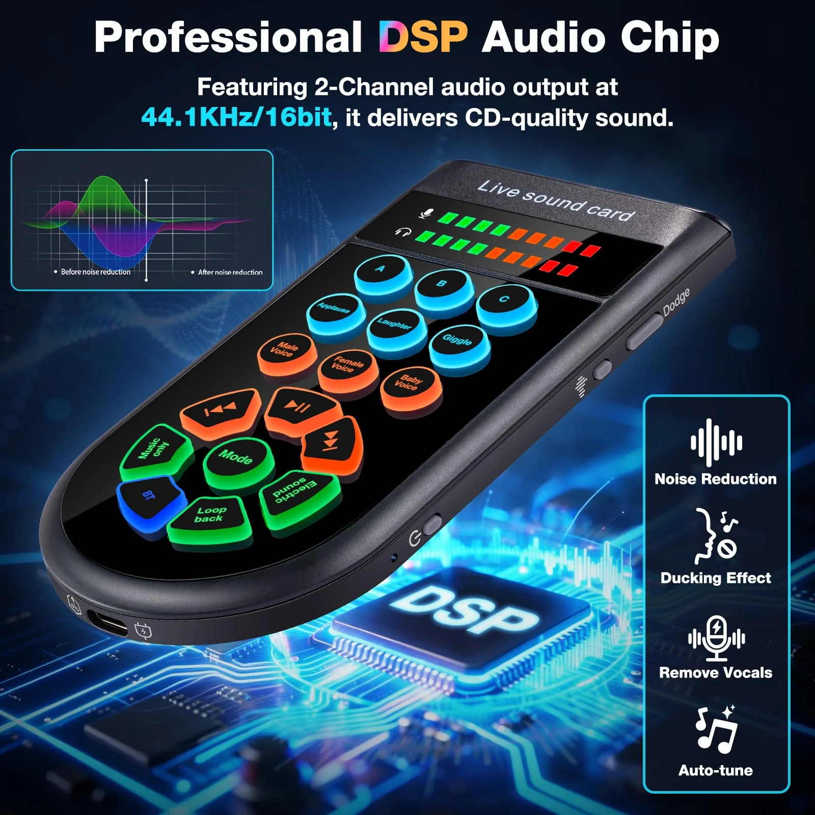 M300 Small Handheld Sound Card Set for Singing & Live Streaming, Voice Changer with Reverb/Vocal Enhancement/Vocal Changer/Sound Effects, w/AUX/Type-C/Bluetooth in, Includes Condenser Mic & Headphones - Image 2