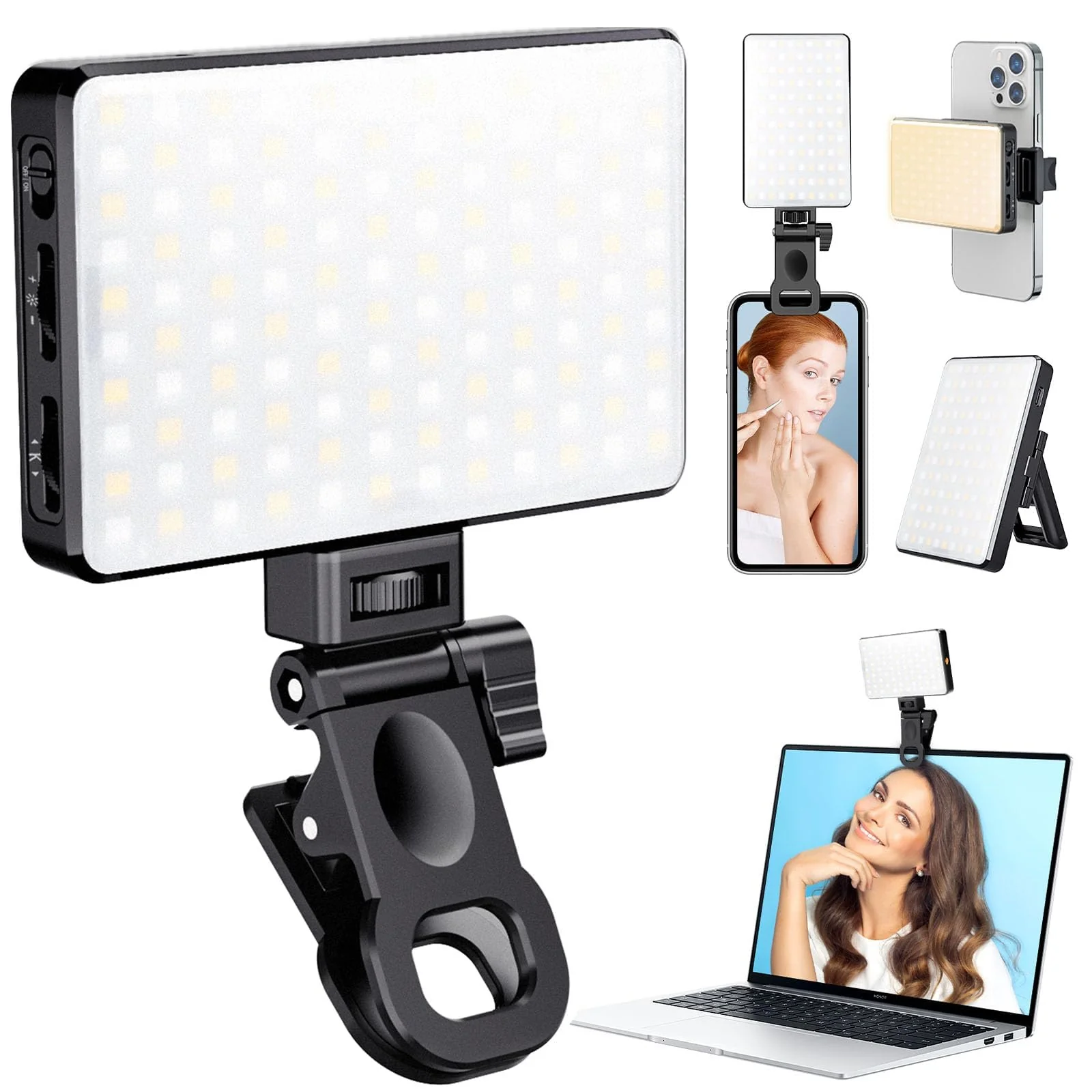 MACTREM 120 LED Selfie Light, Phone Light Clip, 3000Mah Portable Rechargeable Video Light, Adjusted 3 Light Modes, for iPhone, Camera, Laptop, iPad, Light for Selfie, Video Conference, TikTok,Makeup Black