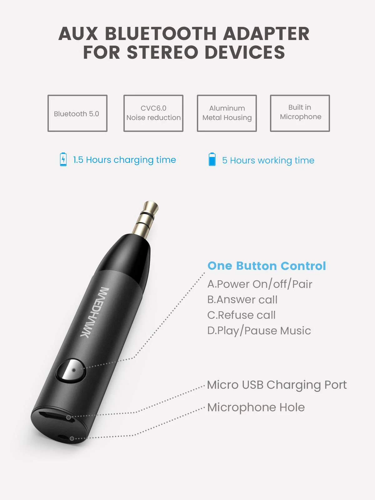 Maedhawk 3.5mm Bluetooth Aux Adapter for Car, [Noise Cancelling] Bluetooth 5.0 Receiver with Built-in Mic for Hands-Free Calls, Home Audio Stereo Headphone Speaker Music Streaming Black - Image 2