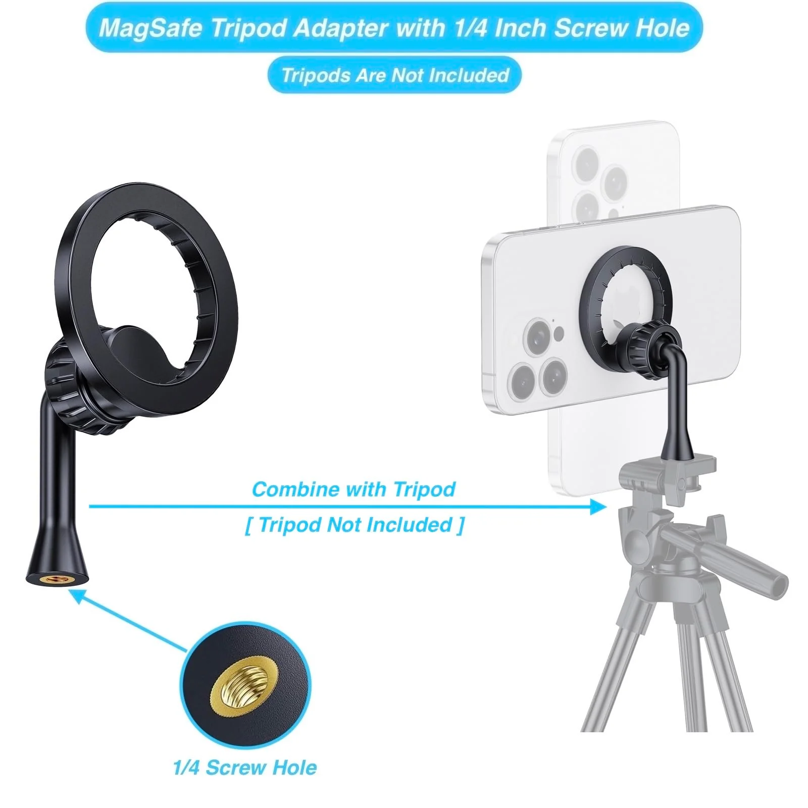 Magnetic Tripod Holder Mount Adapter for MagSafe, iPhone Tripod Mount Adapter with 1/4” Screw Hole, Magnetic Phone Tripod Holder Adapter for iPhone 16/15/14/13/12 Series Black - Image 3