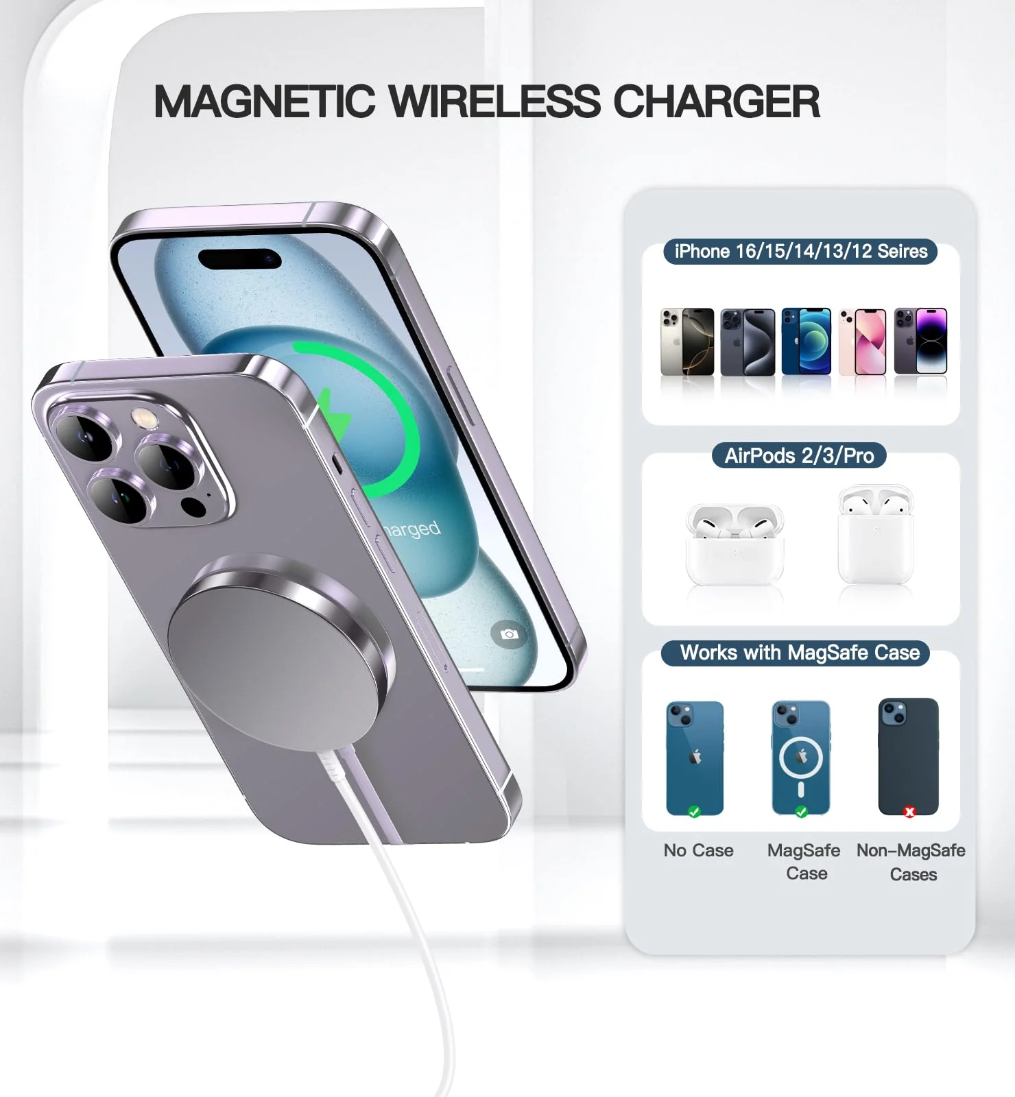 Magnetic Wireless Charger 15W Fast Mag Safe Charger for Cell Phone 16 Pro Max/16 Pro/16 Plus/16/15/14/13/12 Series 2 Pack Charging Pad for AirPods 3/2/Pro 2/Pro Mag-Safe Original Replacement Silver magnetic charger - Image 3