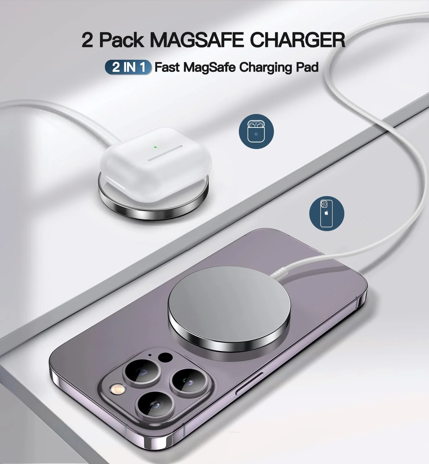 Magnetic Wireless Charger 15W Fast Mag Safe Charger for Cell Phone 16 Pro Max/16 Pro/16 Plus/16/15/14/13/12 Series 2 Pack Charging Pad for AirPods 3/2/Pro 2/Pro Mag-Safe Original Replacement Silver magnetic charger - Image 5