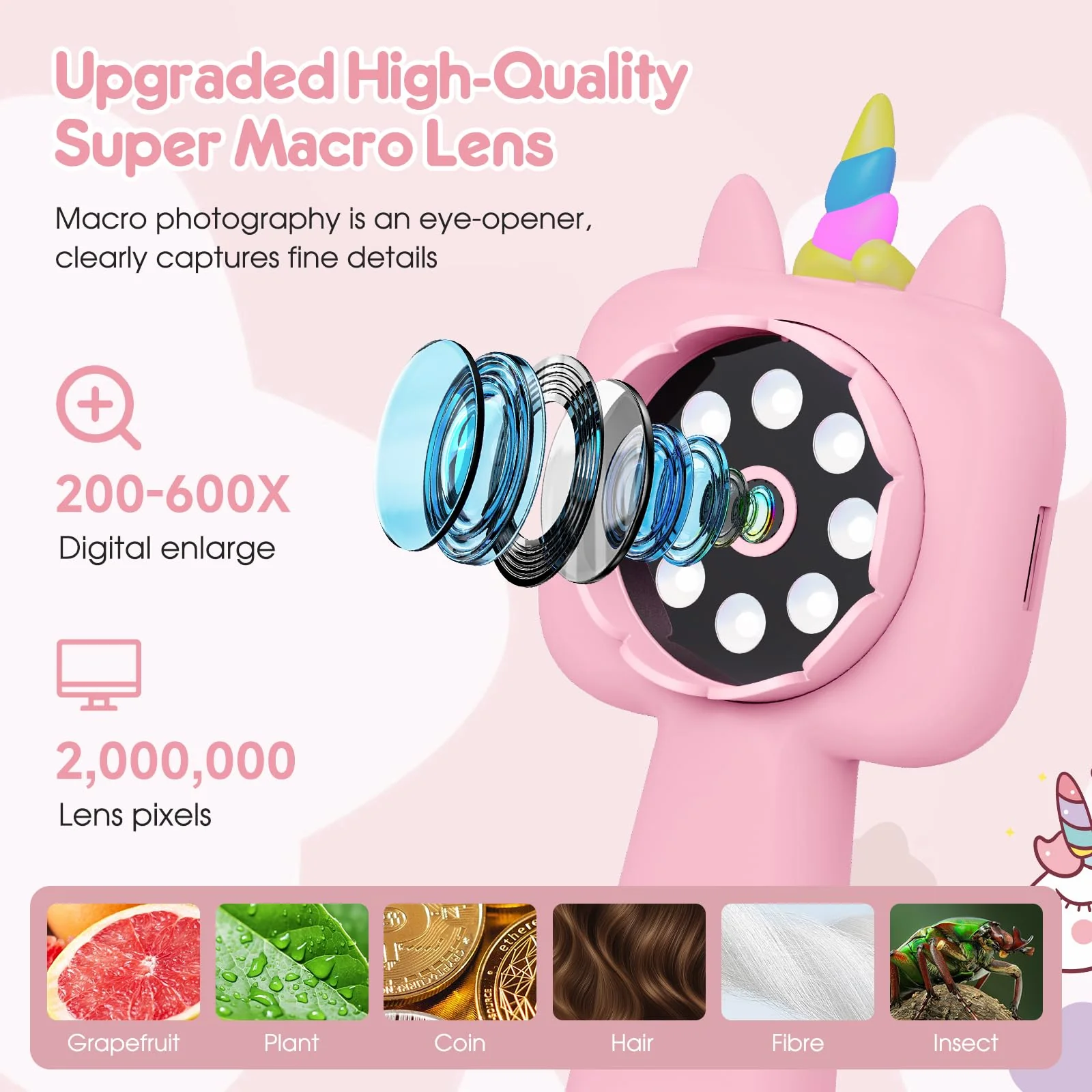 Magnifying, 2.4" Microscope for Kids, 600X-4800X Handheld Digital Miniscope, Portable Pocket Magnification Microscope Photo & Video | Education Toys for Age 3 4 5 6 7 8 9 10 Girls Boys Pink - Image 3