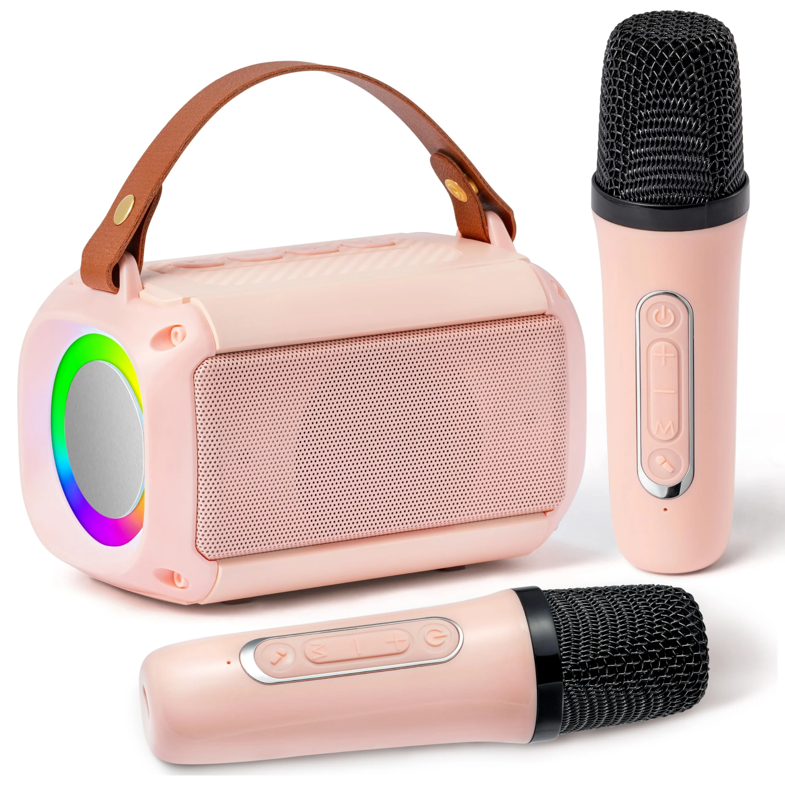 MALLMALL6 Mini Karaoke Machine with 2 Wireless Microphone for Kids Portable Bluetooth 5.3 Karaoke Mic LED Color Lights Speaker Christmas Birthday Family Home Party Toys Gift for Boys Girls Pink