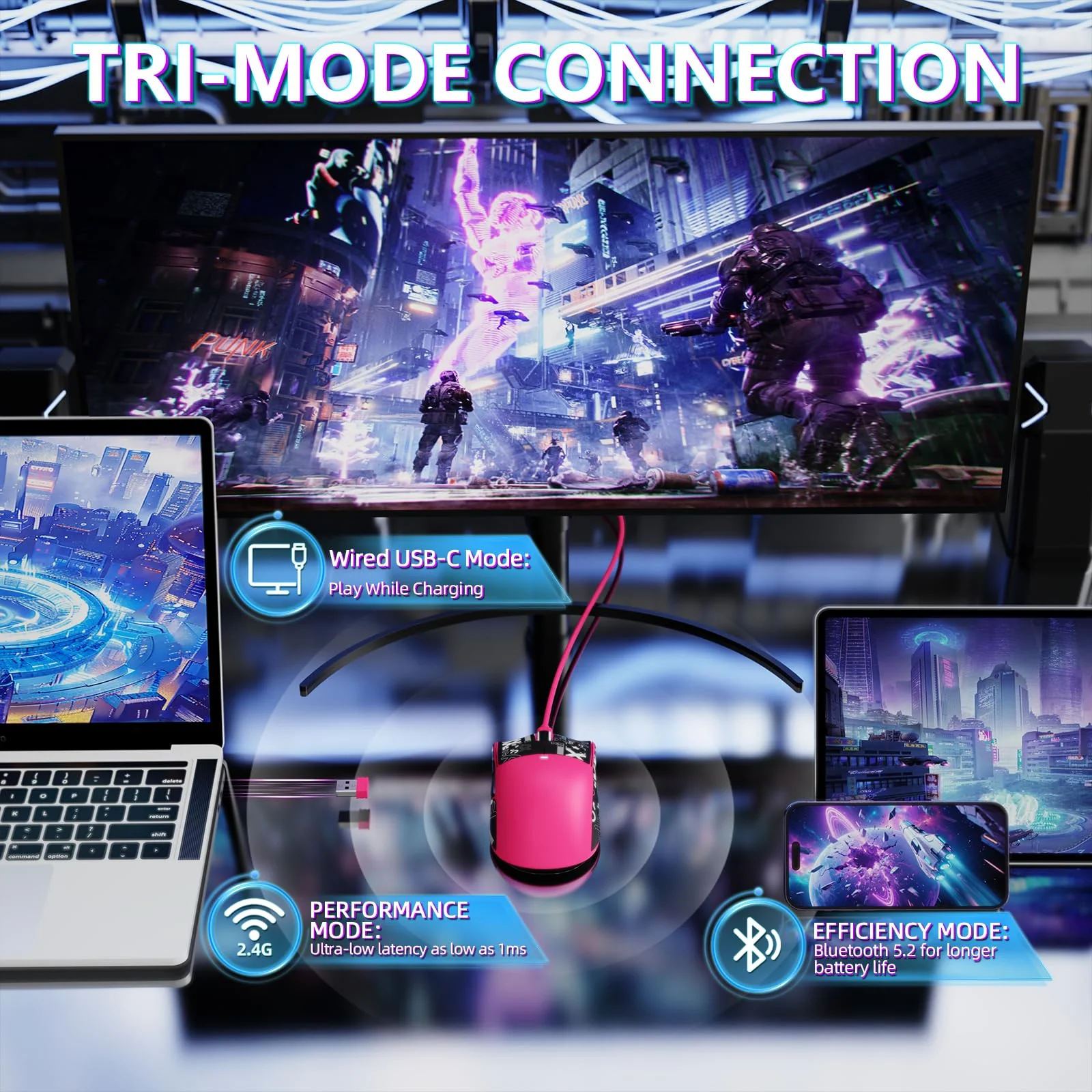 MAMBASNAKE Attack Shark X11SE Lightweight Wireless Gaming Mouse, Tri-Mode 2.4G/USB-C Wired/BT, 22K DPI, PAW3311 Optical Sensor, 59g, 5 Programmable Buttons, 300mAh Battery for PC/Mac((Berry-Griptape) Berry Red-Griptape - Image 4