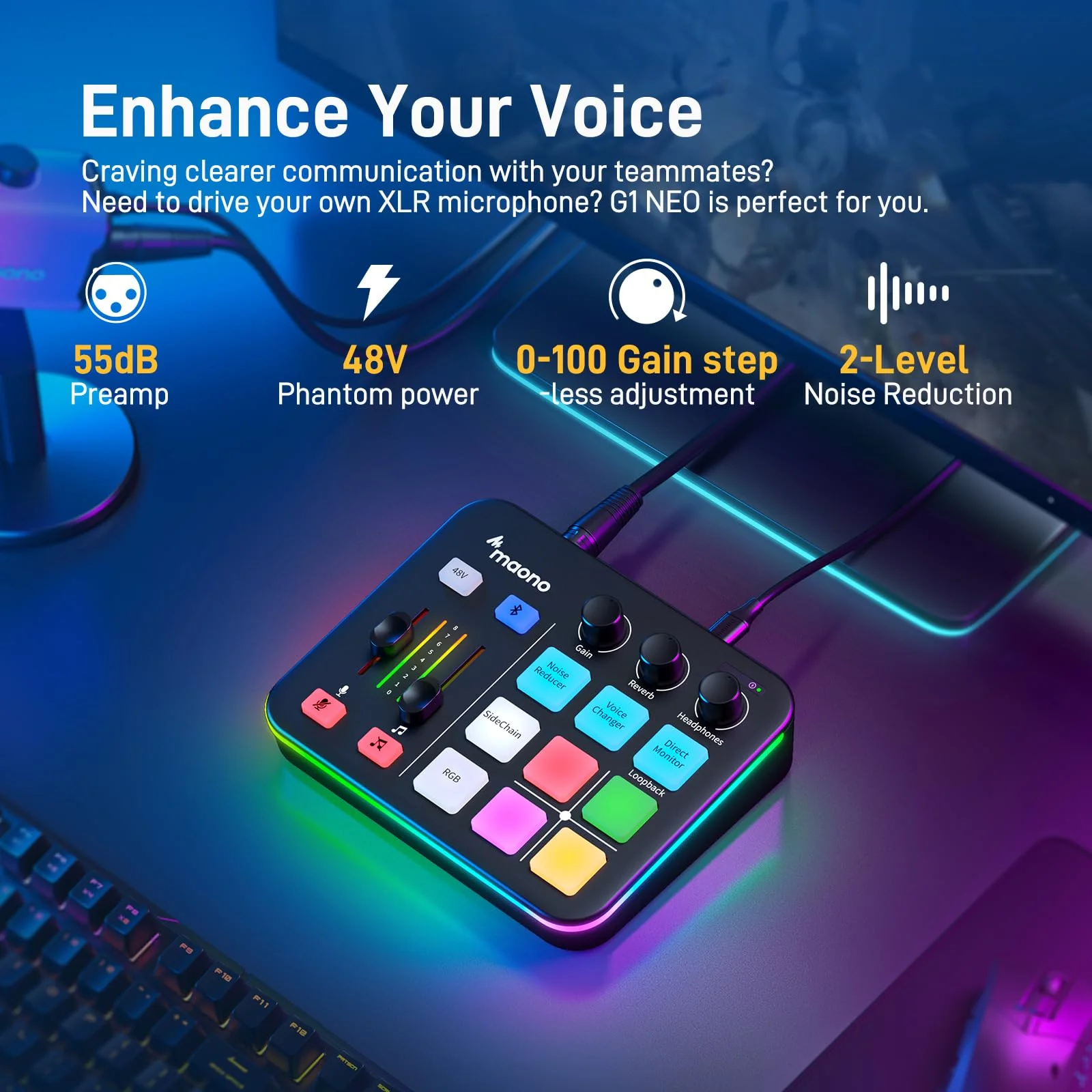 MAONO Gaming Audio Mixer, Audio Interface with Pro-preamp, RGB, Bluetooth, 48V Phantom Power for Live Streaming, Podcasting, Content Create, Gaming MaonoCaster G1 NEO (BLACK) Black - Image 3