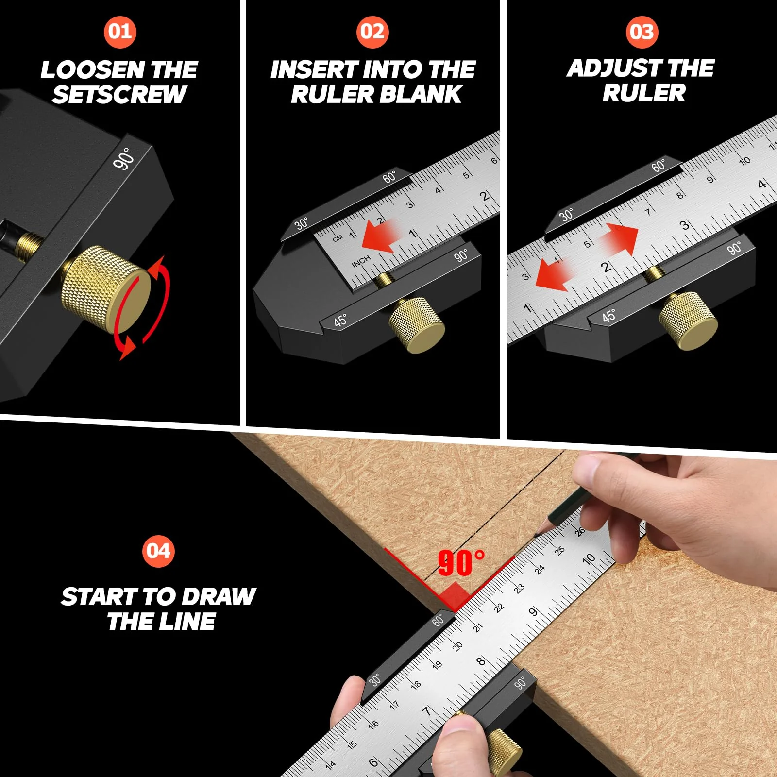 Marking gauge, 30°/45°/60° stop ruler, scribing tool with extra strong stainless steel ruler - 300 mm metal marking gauge with beech wood stopper for woodworking, DIY, crafts - Image 6