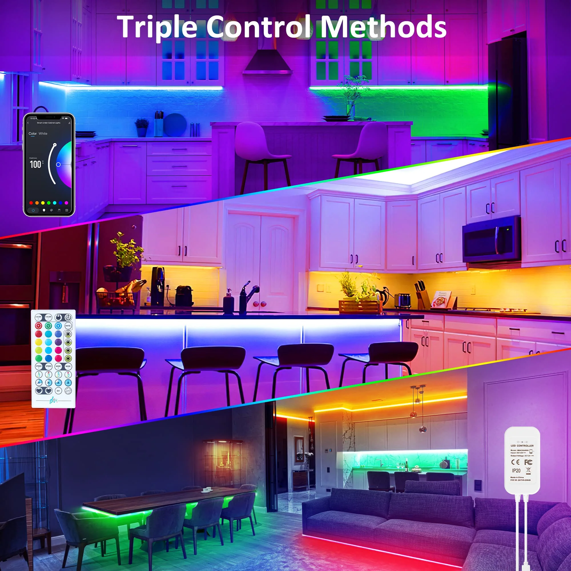 maylit 10 PCS Smart RGB Under Cabinet Lights Kit, Compatible with Alexa and Google Assistant, App and Remote Control, Music Sync Color Changing, Timer, Dimmable, for Cabinet, Counter, Shelf, Bookcase Multicolor 16.4FT - Image 2