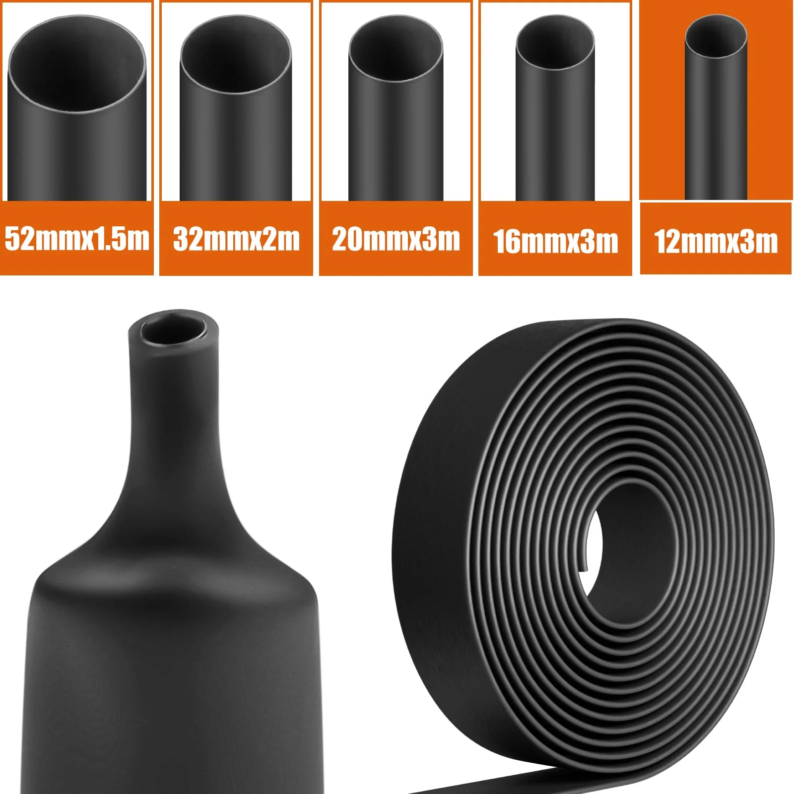 Mbsomnus Heat Shrink Tube 4:1 Waterproof Black with Adhesive - Heat Shrink Tube for Cable Insulation, Repairs, Cable Bundling (12 mm x 3 m) Ø12mmx3m - Image 5